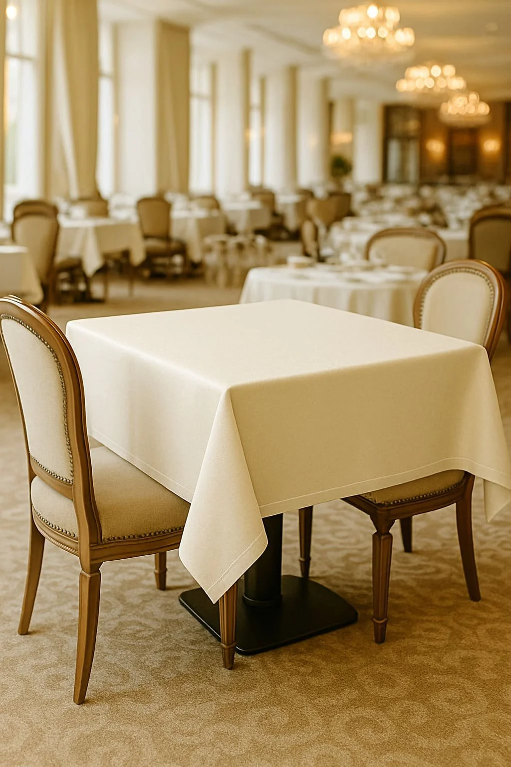 Şık ve lüks bir restoran veya otel restoranında, ortada boş ve masa örtüsüyle kaplanmış bir masa bulunuyor, arka planda ise çok sayıda masa ve sandalyeler var, muhtemelen öğle veya akşam yemeği servisi için hazır olan otantik bir ortam.