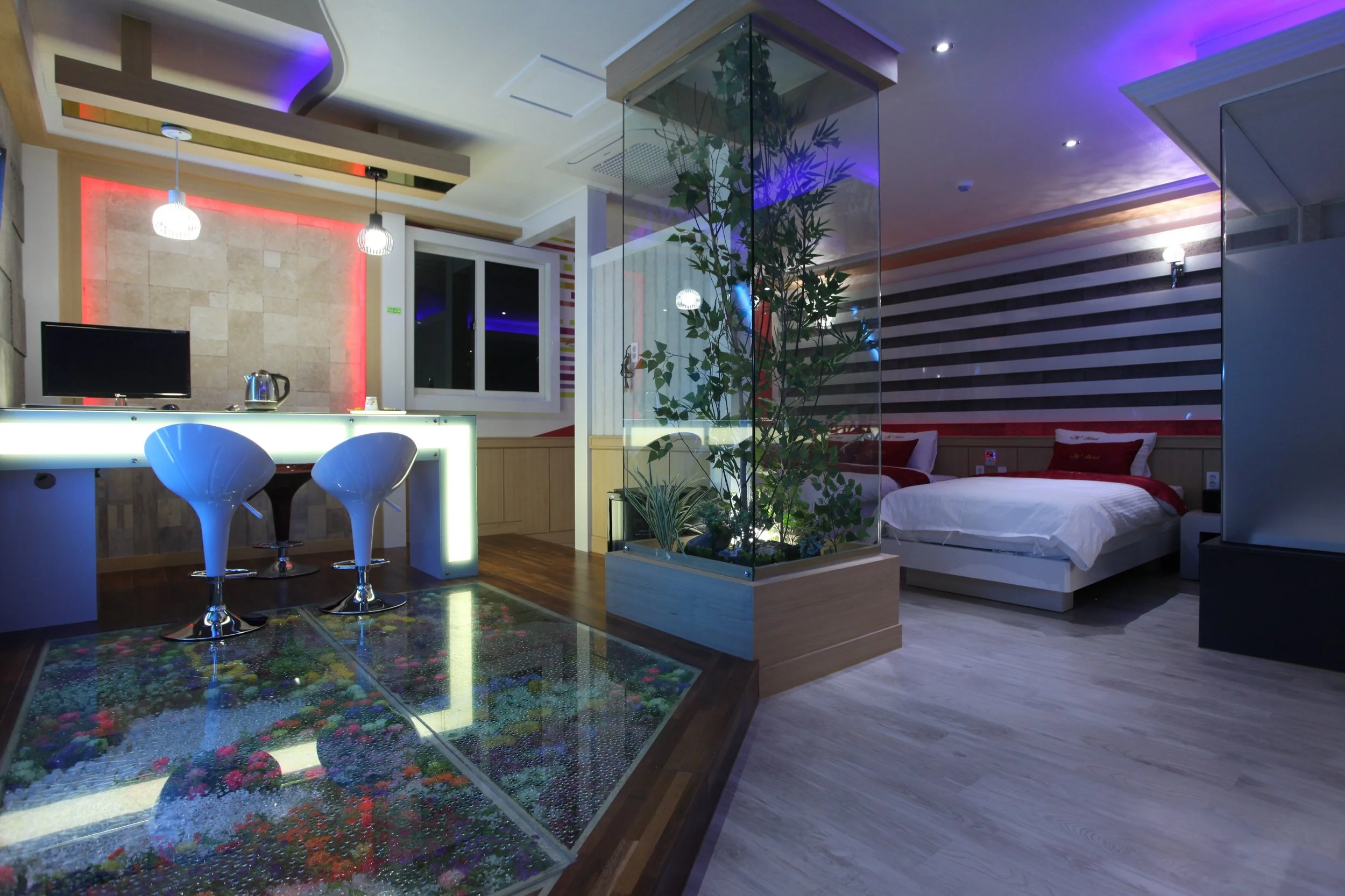 Modern otel odası, iç mekan tasarımı, bitkiler, televizyon, yatak ve dekoratif ışıklandırmalar.