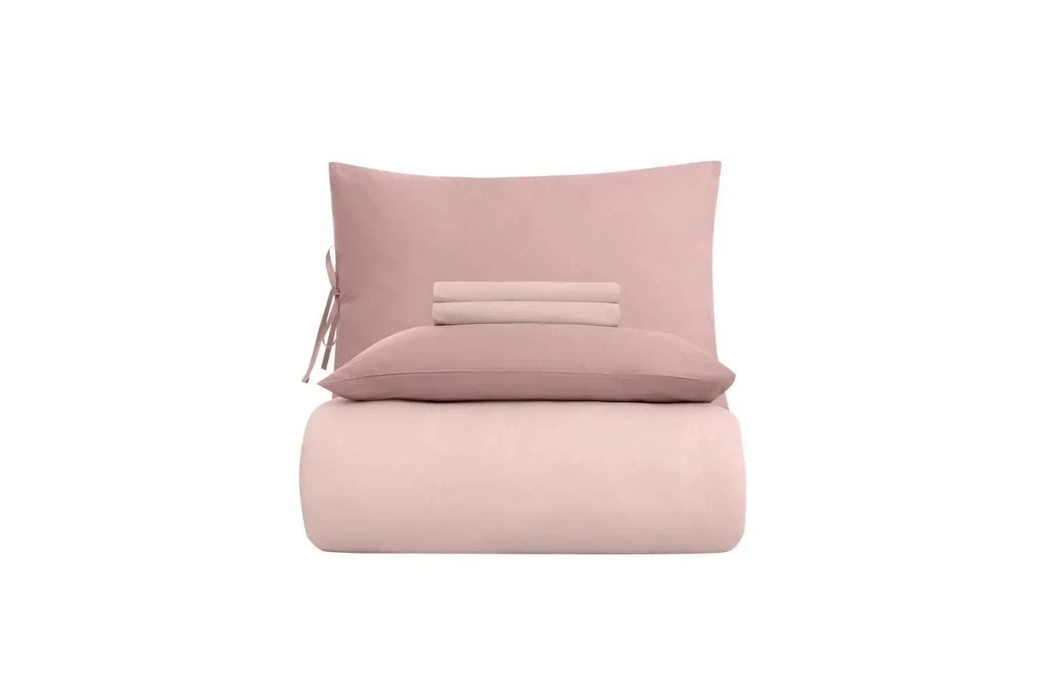 Pembe yastık ve yorgan ile uyku yastığı.