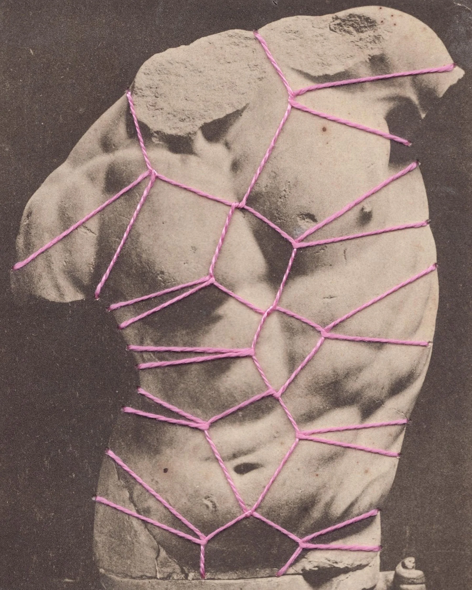 Surrounded by nudes, 2014. Cotton string on vintage postcard. 

By @kensukekoike