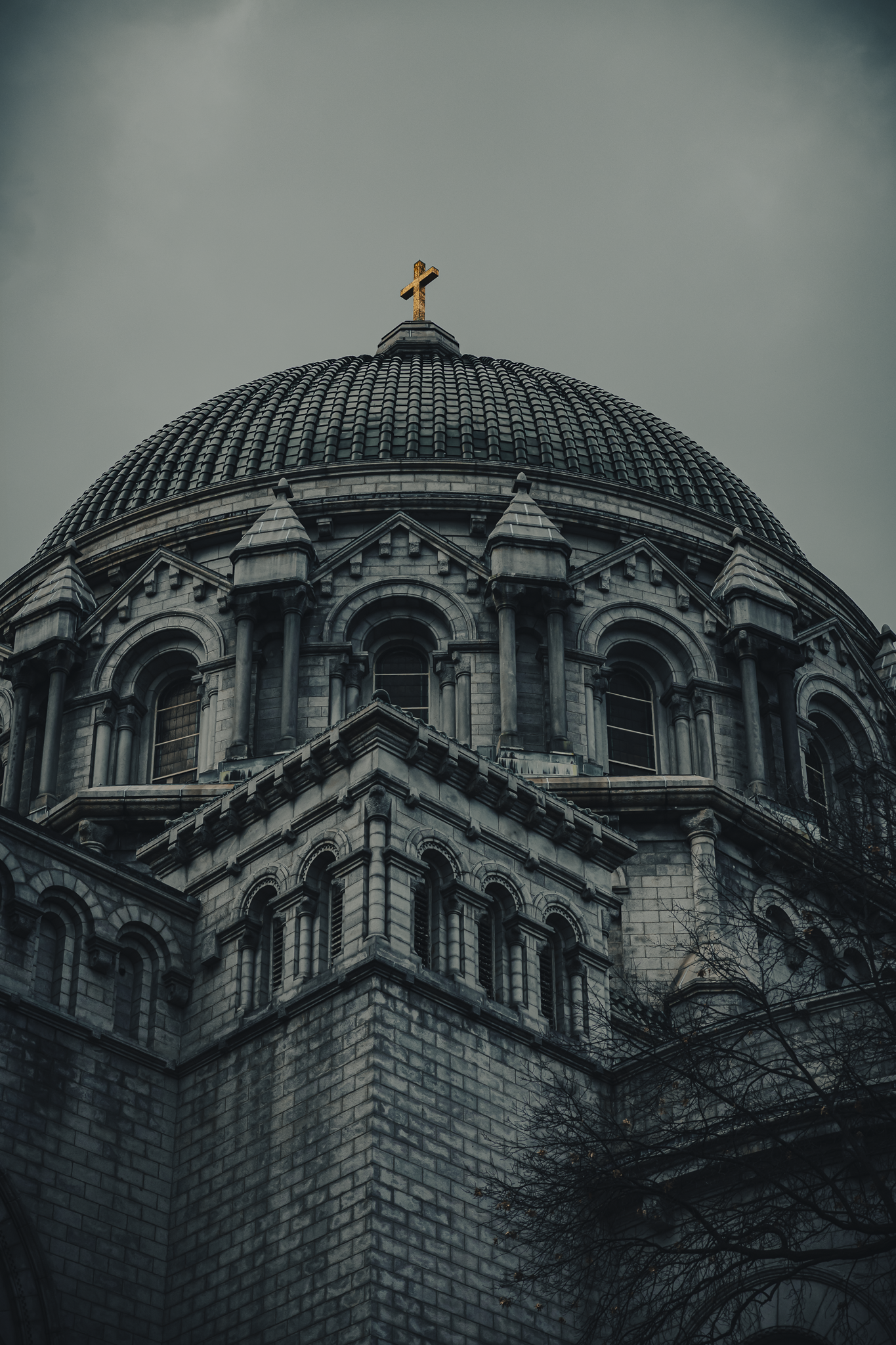 Close-up of a historic stone church with a dome topped by a cross, gray clouds in the sky, and barren tree branches in the foreground.