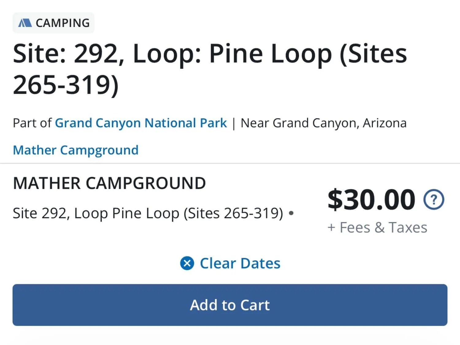 Mather Campground reservation page on Recreation.gov