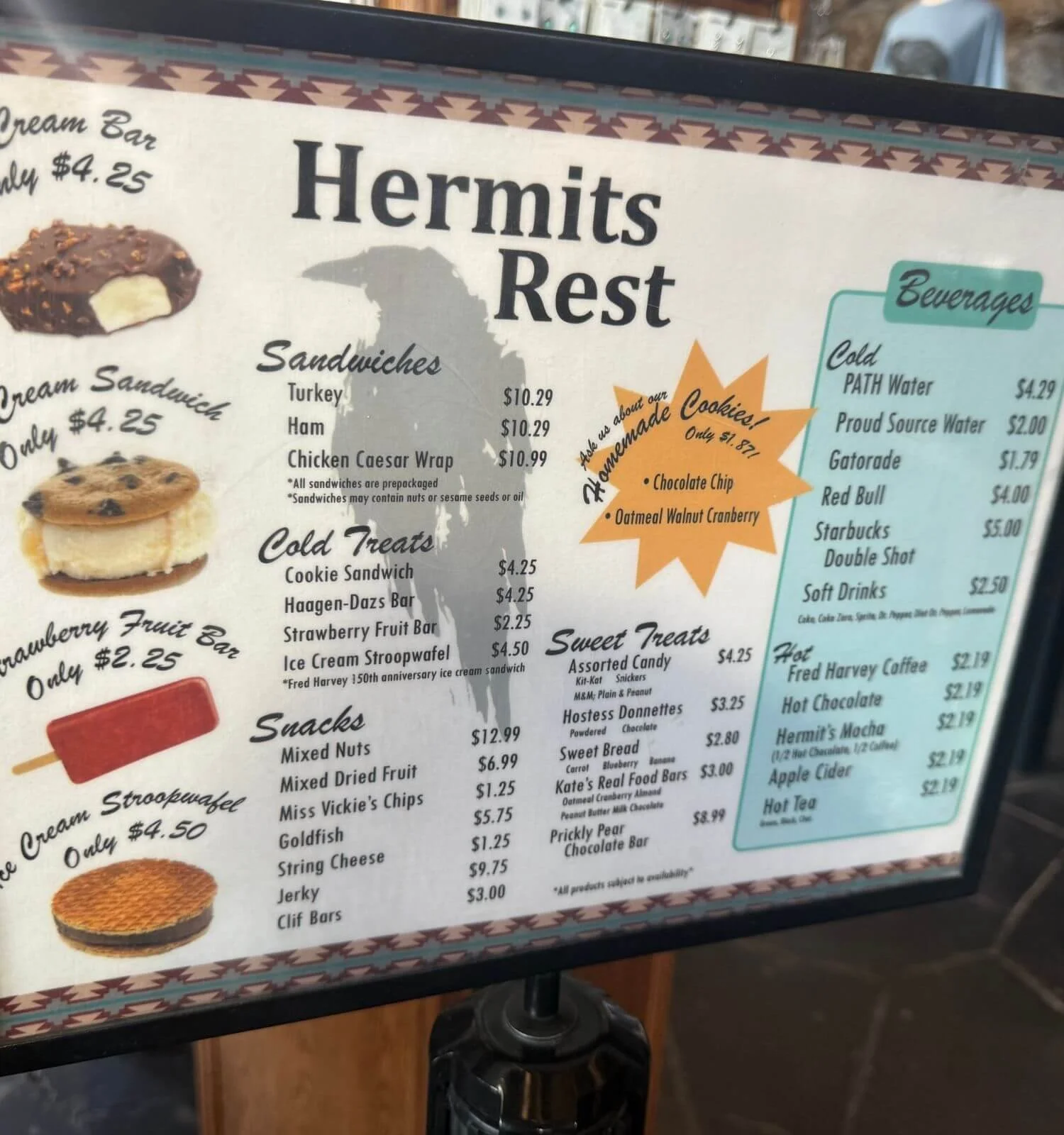 Image of the menu at Hermit's rest at the end of Hermit's road in the grand canyon national park in Arizona, USA.