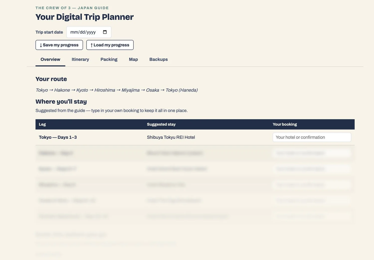 Preview of the digital trip planner