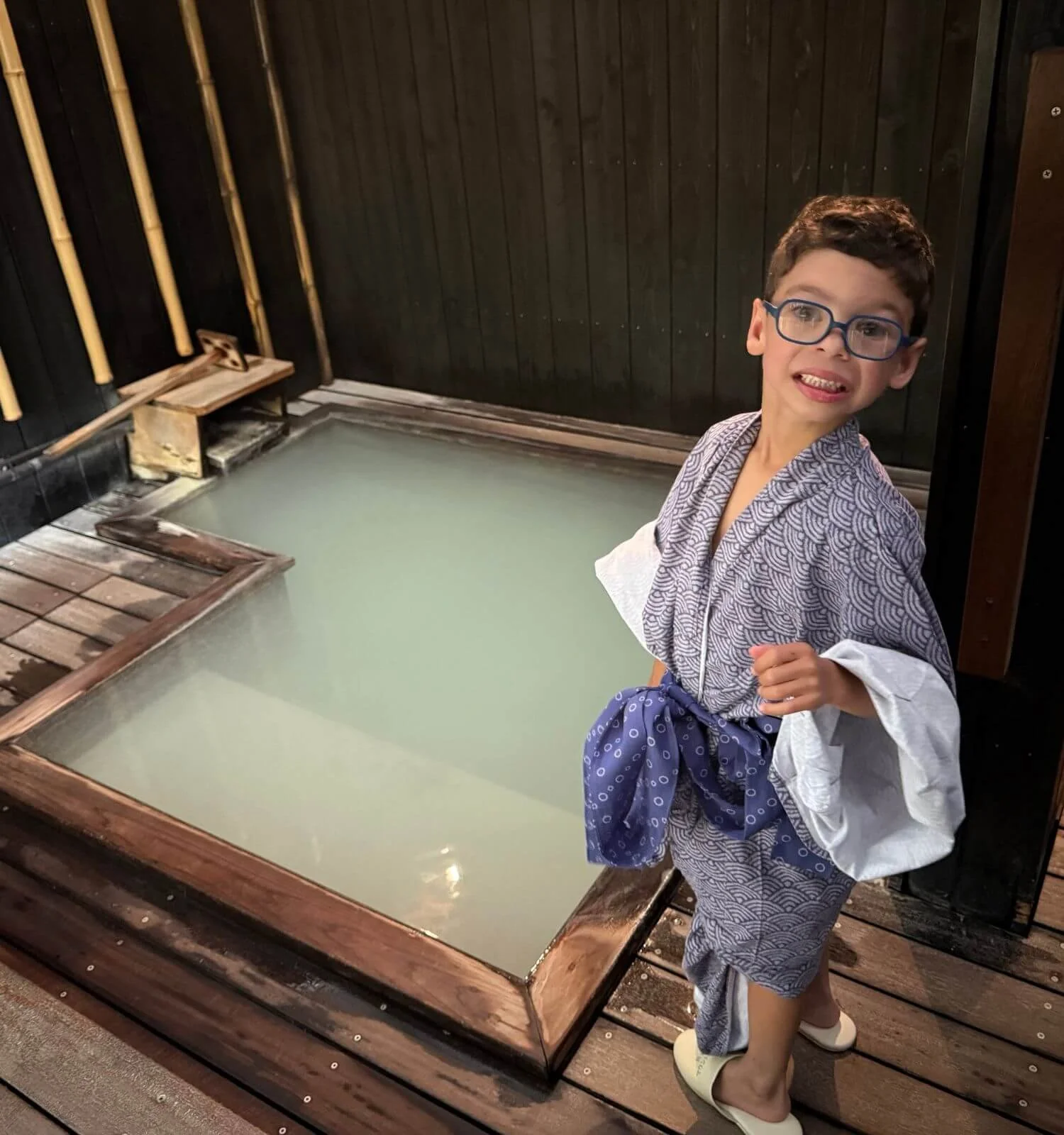 Jackson in his yukata beside the private onsen at our Hakone ryokan