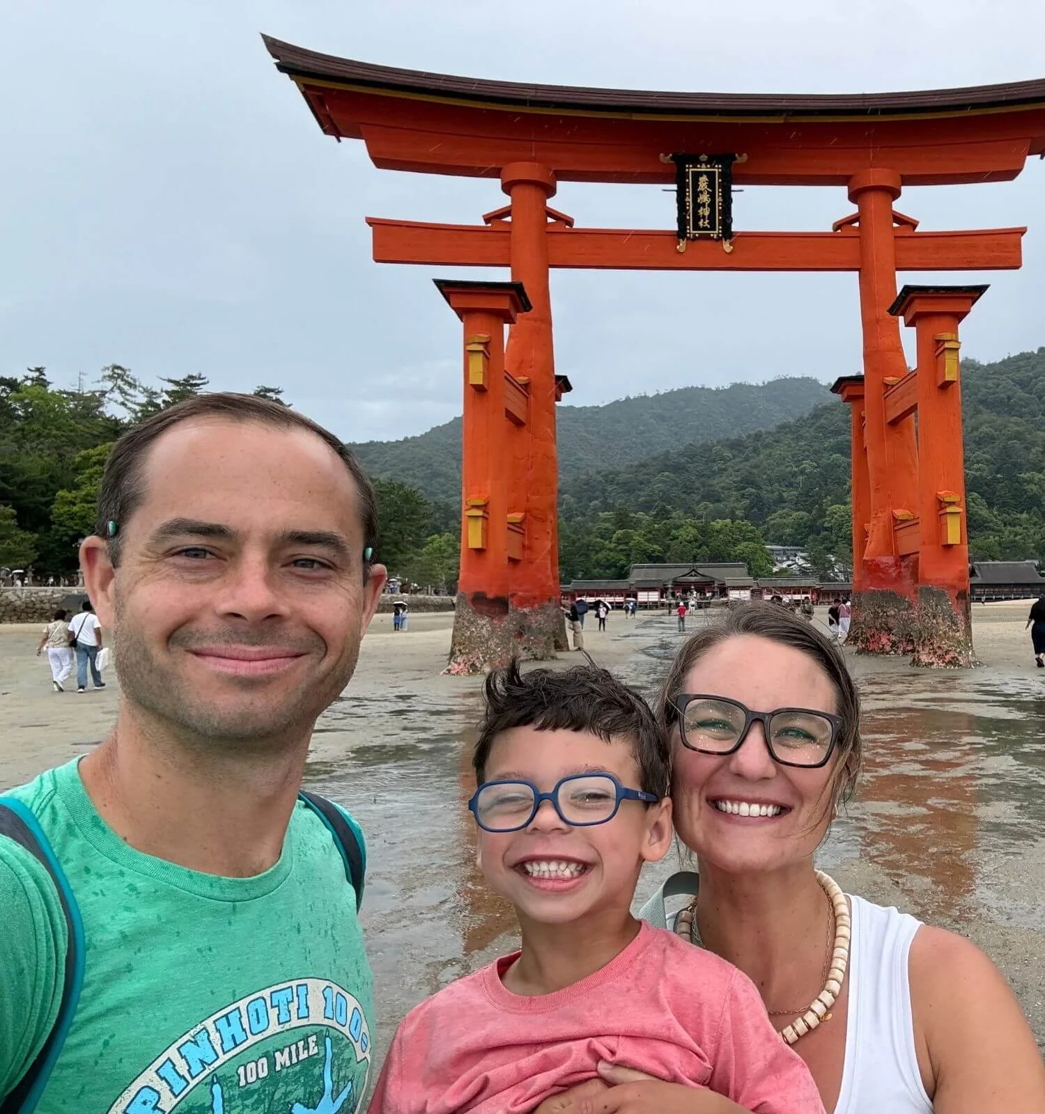 Our family at Itsukushima Shrine in Miyajima at low tide