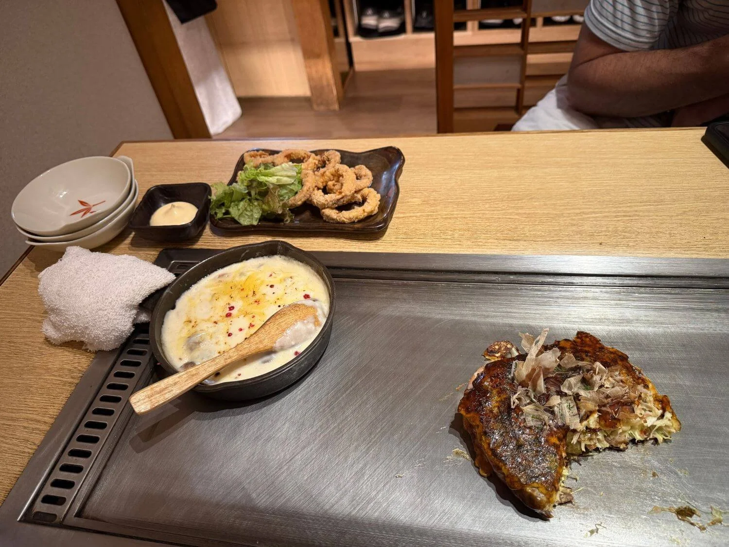 Gluten-free okonomiyaki, fried calamari, and mac and cheese at Ikkakuju Karasuma in Kyoto, Japan