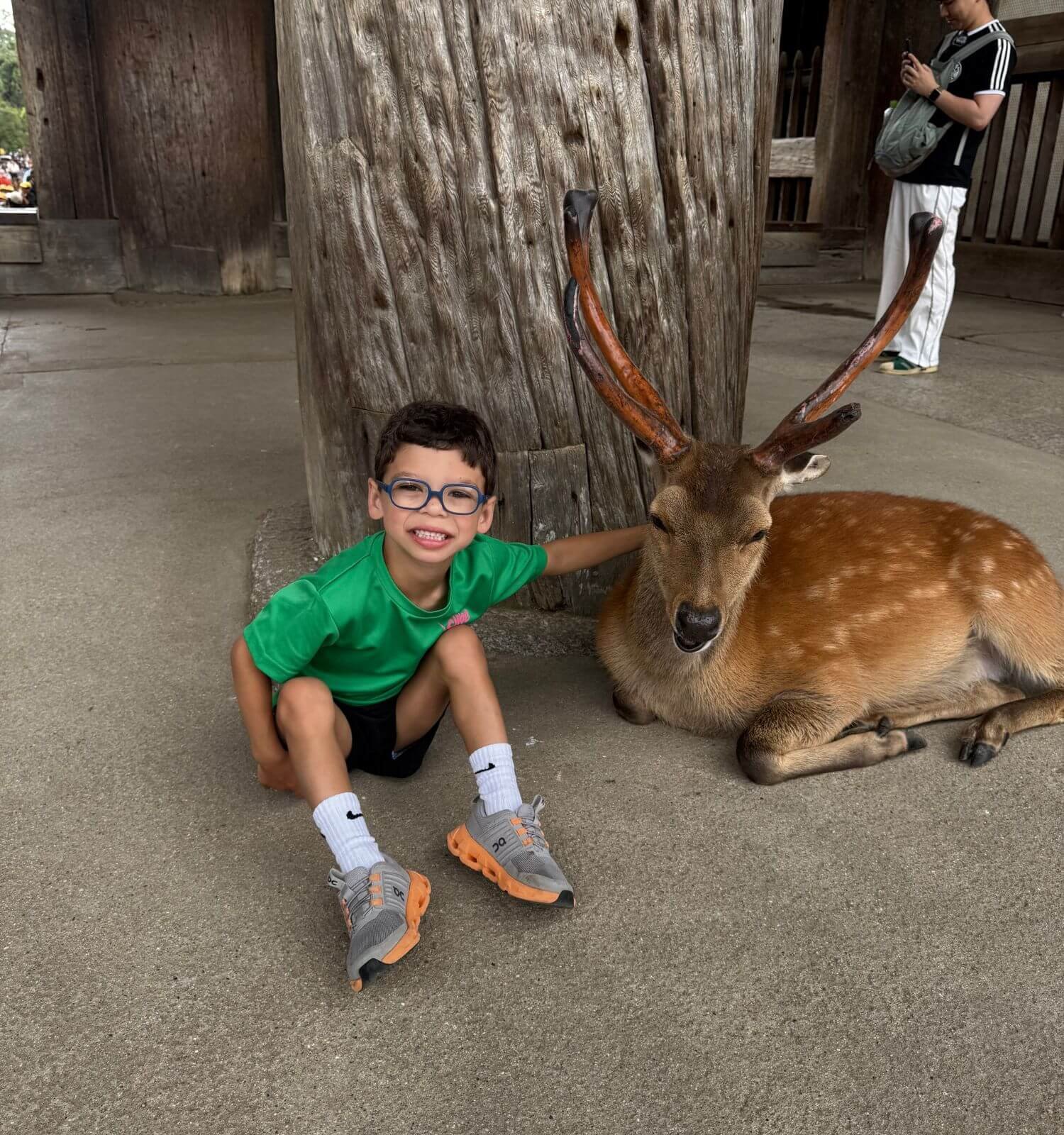 Boy sitting and smiling with deer at Tōdai-ji temple in Nara Japan