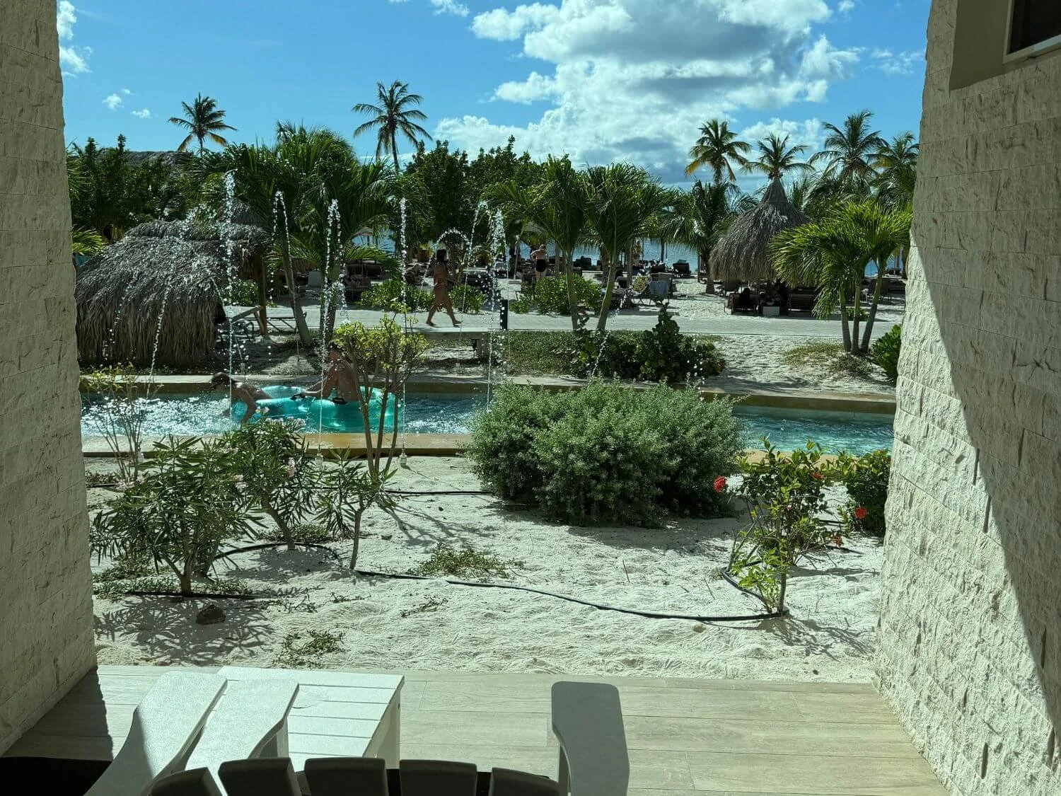 View of the lazy river from our room at Chogogo Dive & Beach Resort in Bonaire.