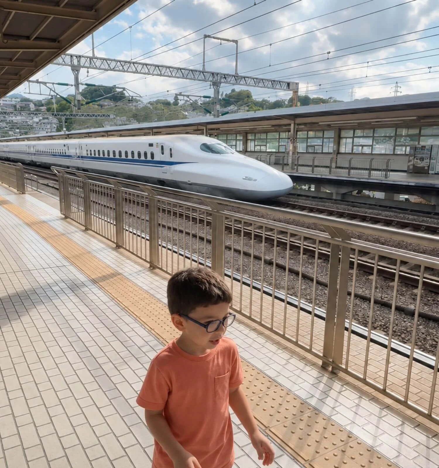 Boy on a train platform in Japan with a shinkansen approaching behind him.