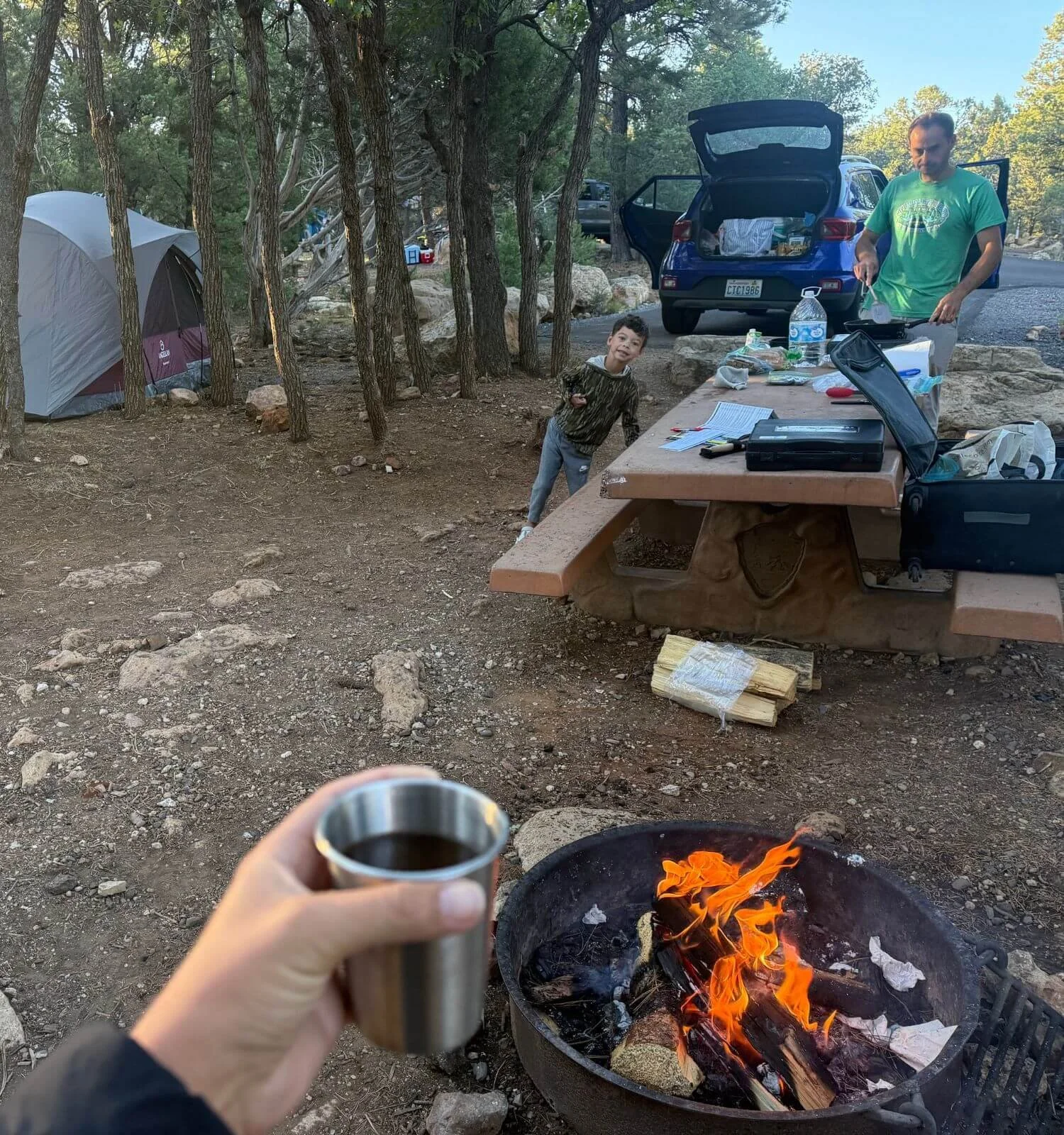 Pour over coffee at a campsite in Mather Campground in the Grand Canyon National Park Arizona, USA.