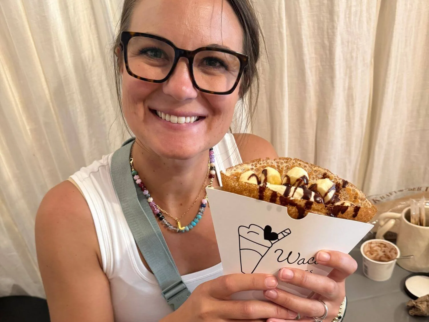 gluten-free vegan crepe with banana and chocolate at Waco Crepe in Kyoto, Japan.