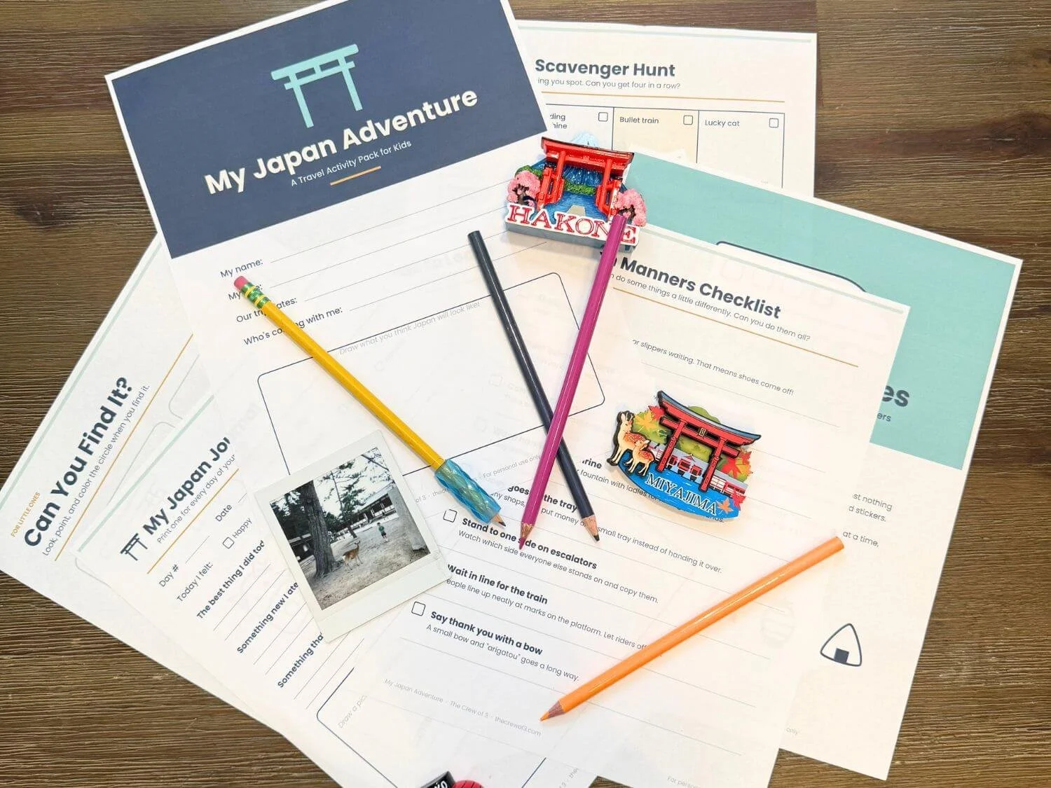 Our free Japan activity pack for kids, printed and ready for the trip.