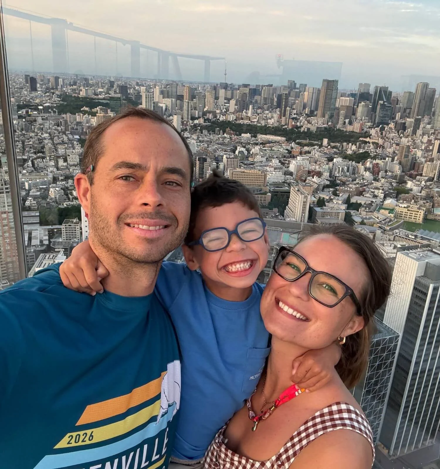 Family selfie with Tokyo Skytree in the background, Japan