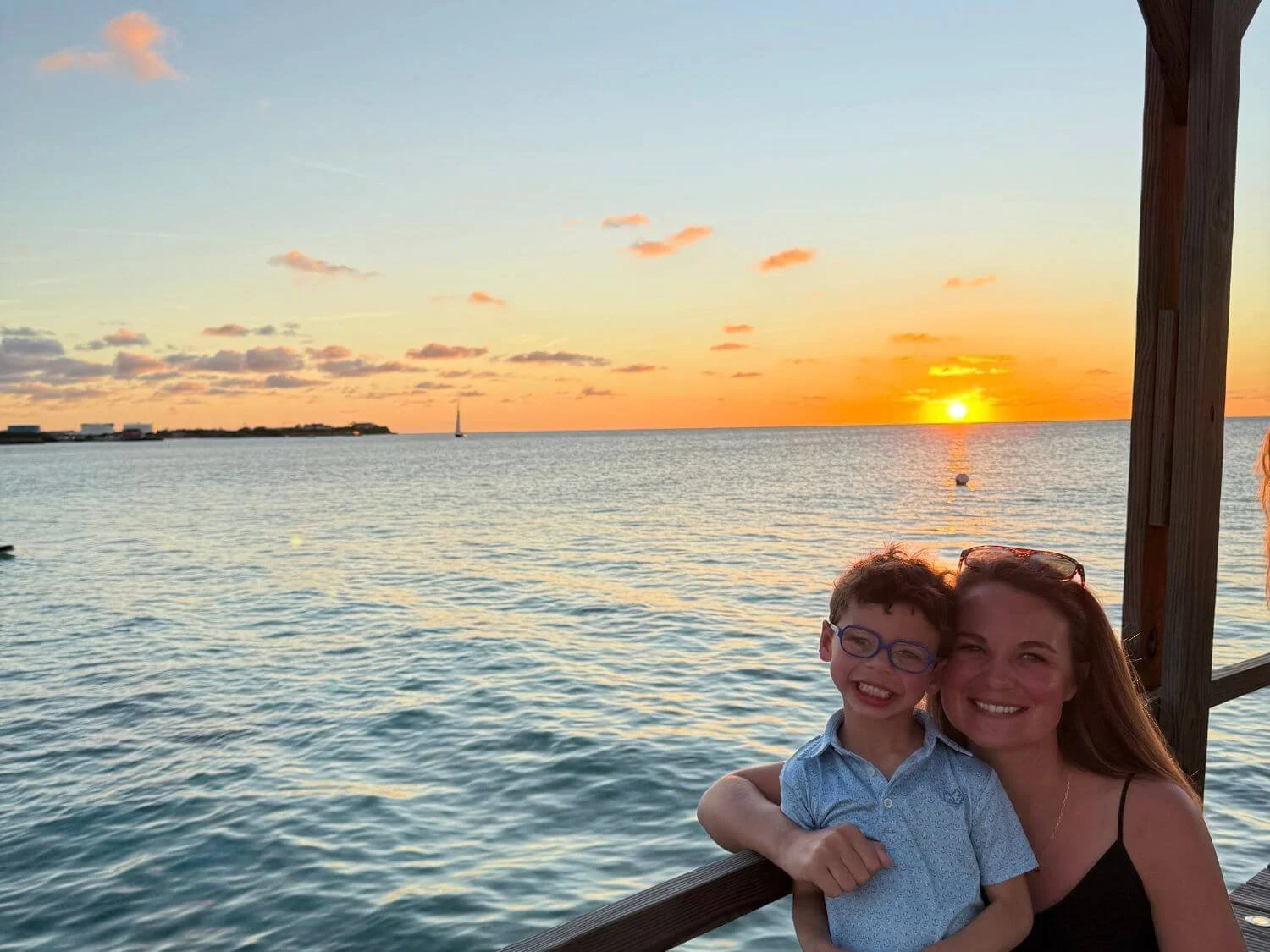 Mother and son at a sunset dinner in Kralendijk, Bonaire