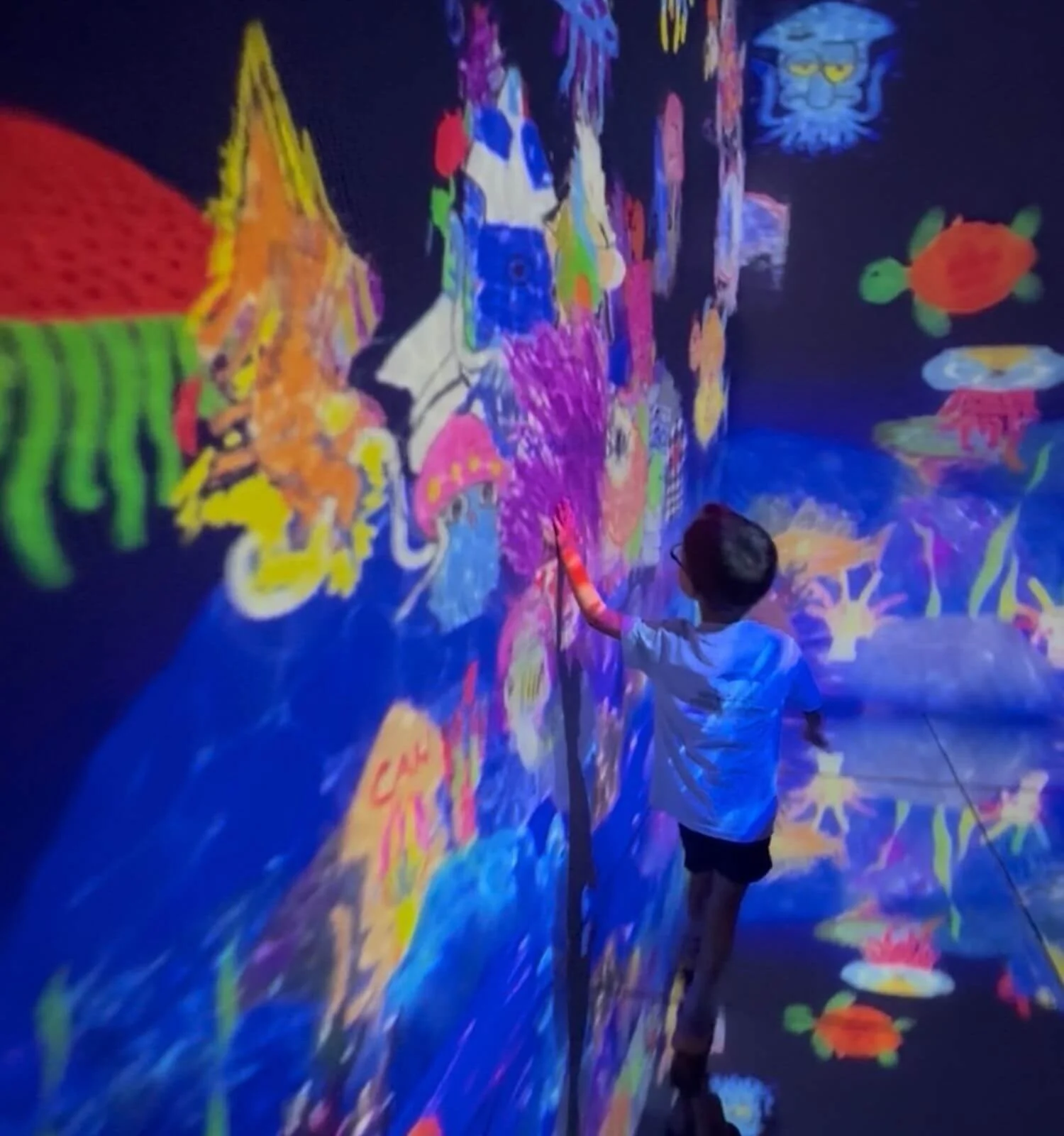 A young boy reaching up to touch a colorful projected sea creature in the interactive sea life room at teamLab Borderless in Tokyo, Japan.