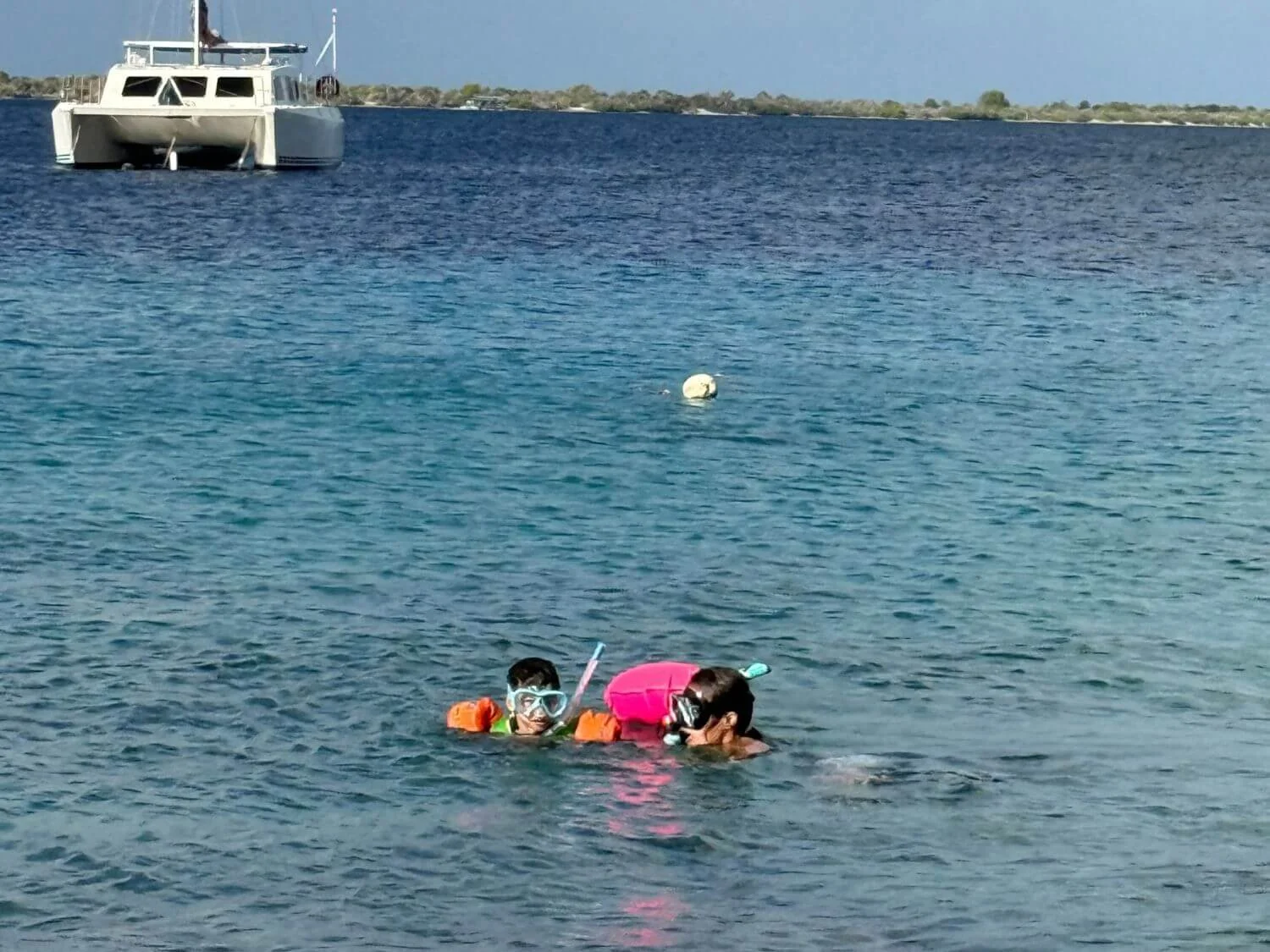 Child snorkeling in Bonaire wearing a wetsuit, swim vest, and bright pink swim buoy.