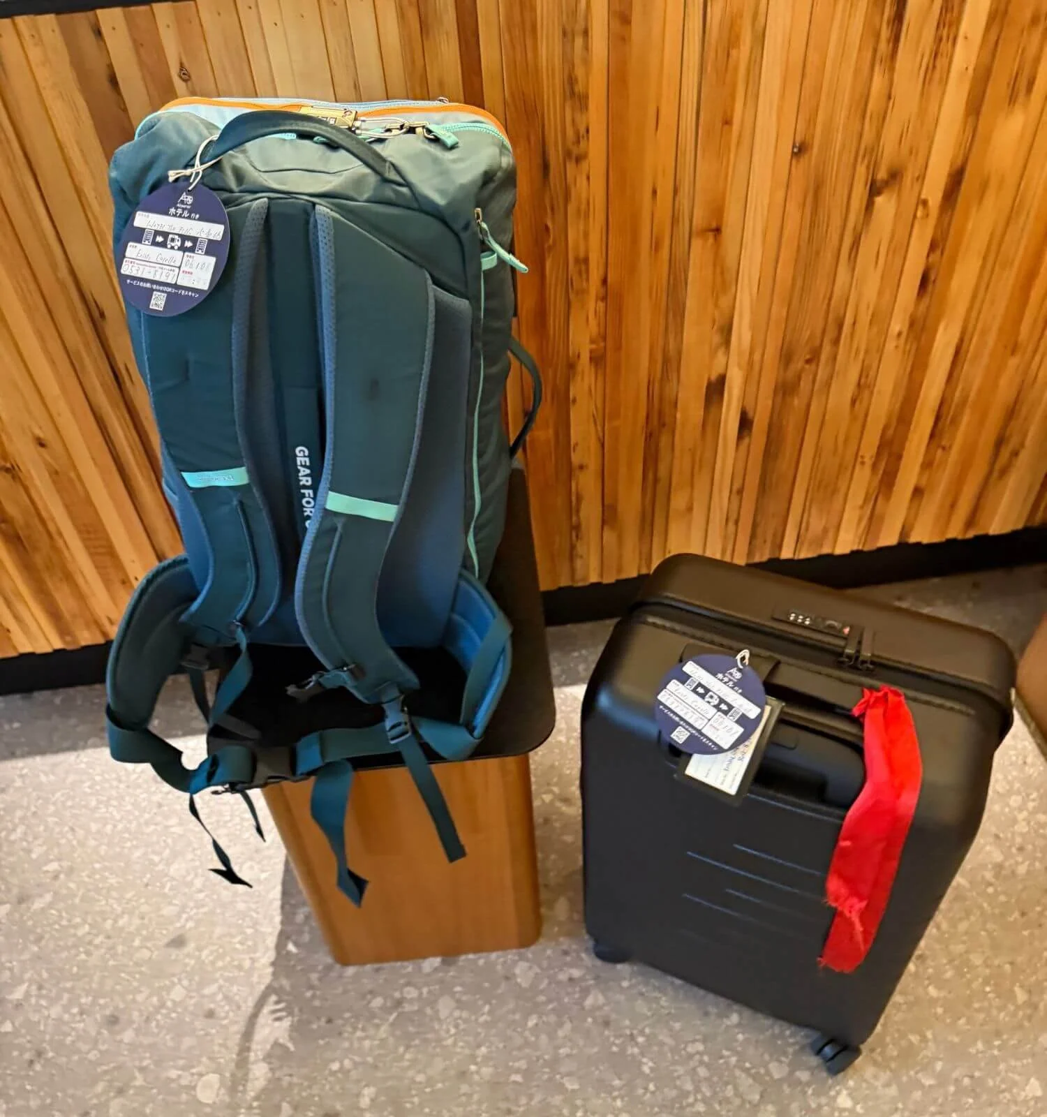 Suitcases in a hotel lobby prepared for luggage forwarding to the next hotel in Japan