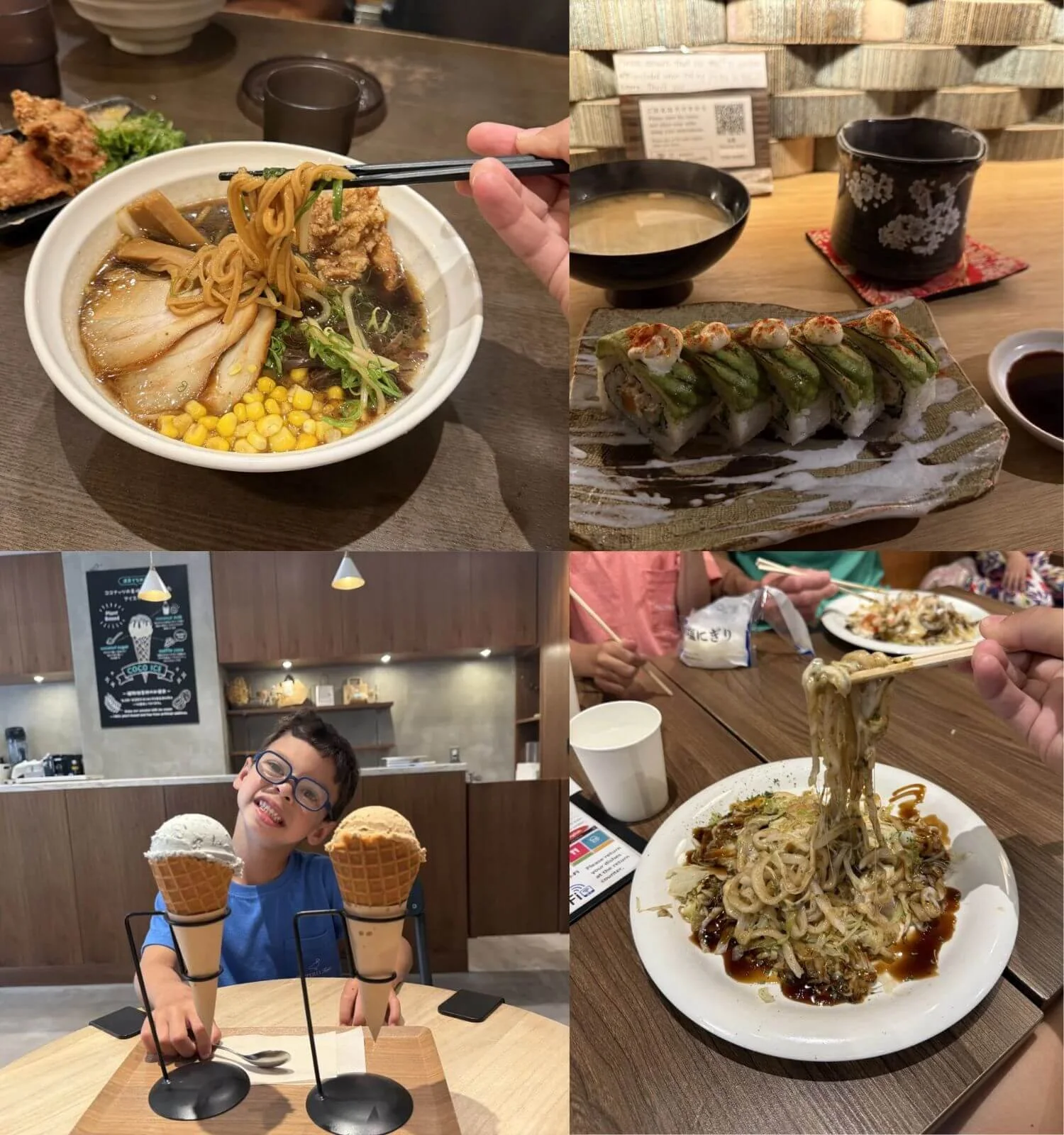 Collage of gluten-free foods in Japan, including ice cream in a gluten-free cone, okonomiyaki with noodles and cheese, sushi, and ramen.
