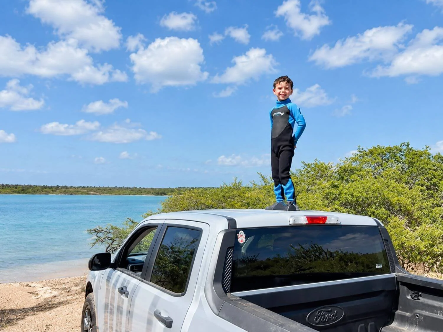 Boy in Washington-Slagbaai National Park in rental truck viewing flamingos.