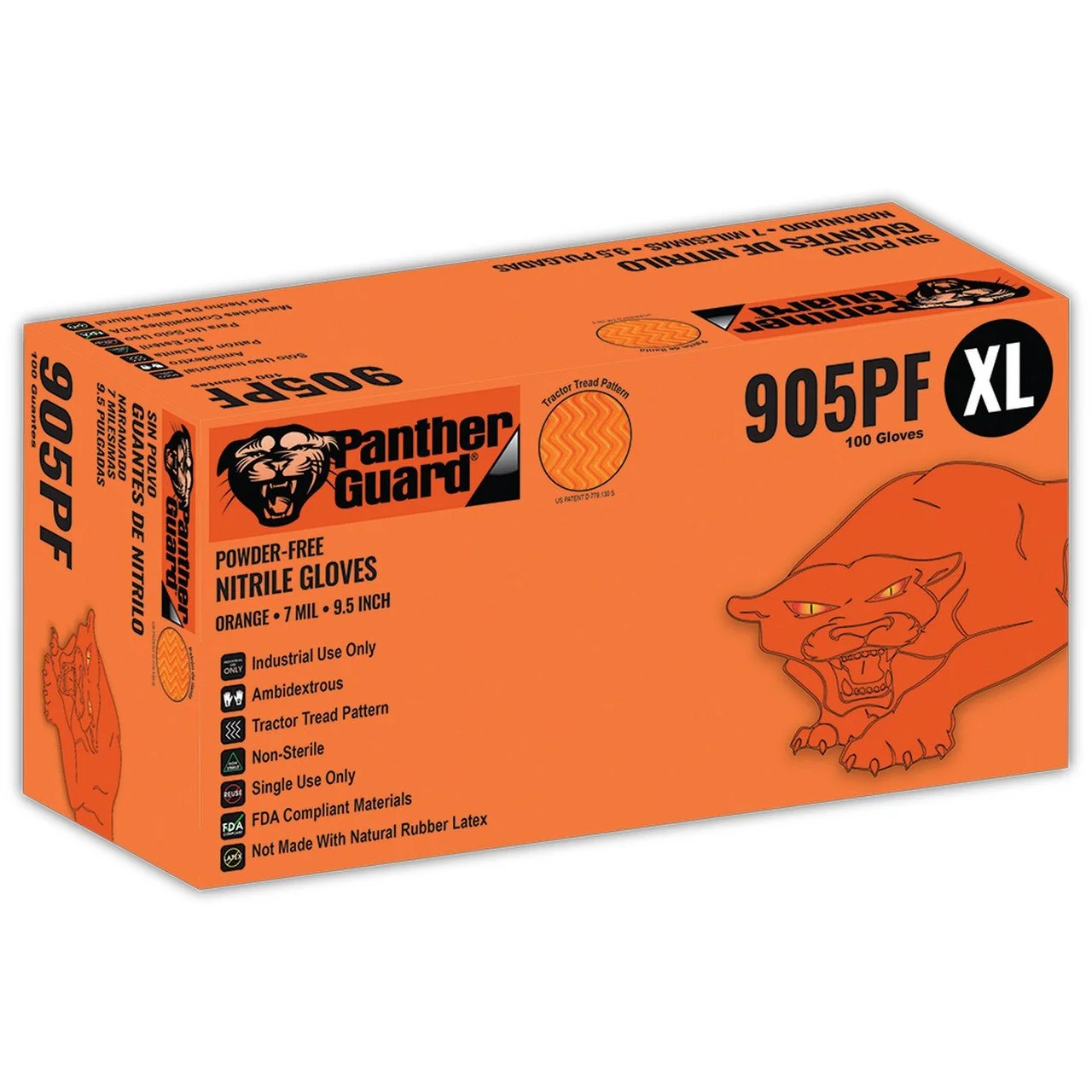 Panther-Guard® -disposable gloves,  powder-free, orange, 8-mil  thickness, raised diamond pattern finish. 100 Per box