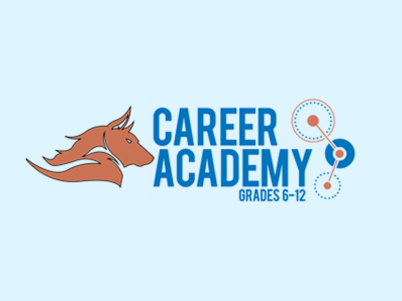 Logo for Career Academy for grades 6-12 with a stylized horse head and connected circular nodes.