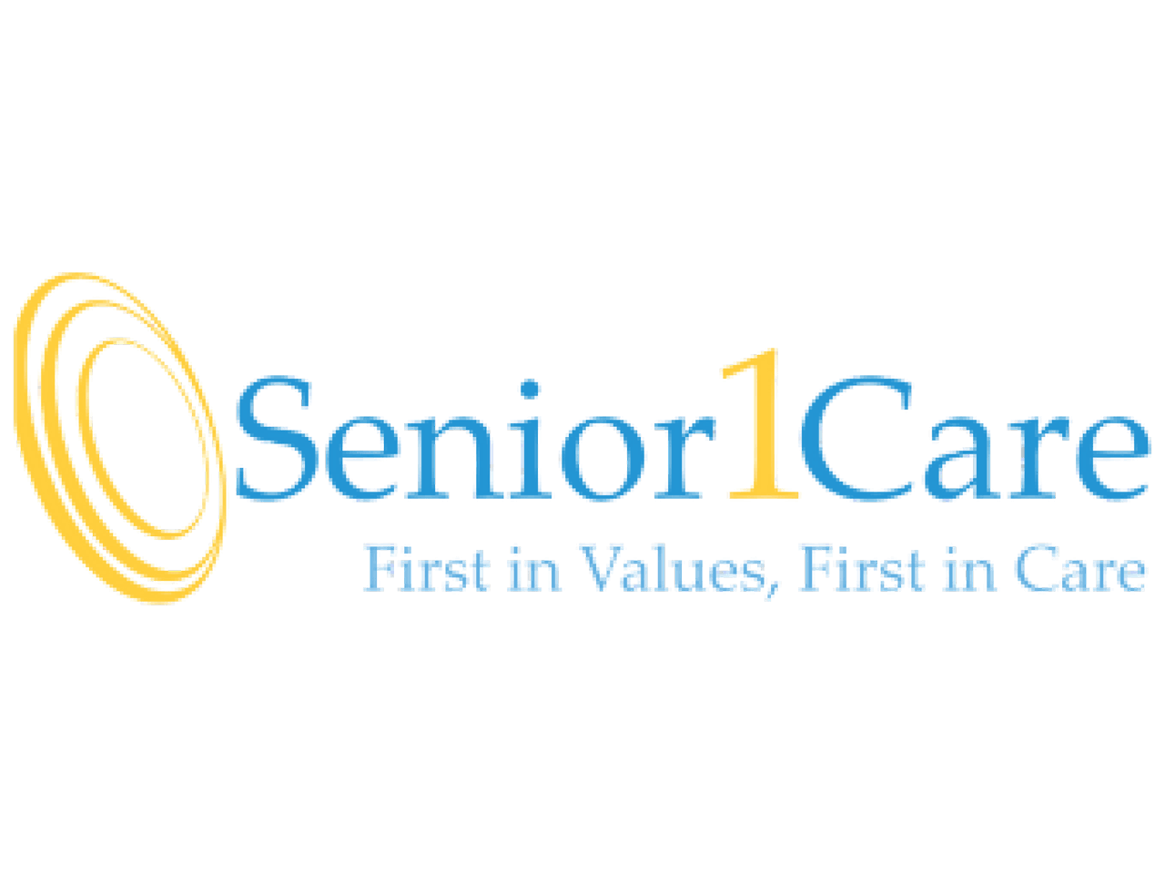 Senior1Care logo with blue and yellow text and tagline 'First in Values, First in Care'