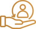 An icon of a hand holding a symbol of a person with an arrow in a circle in a yellow gradient