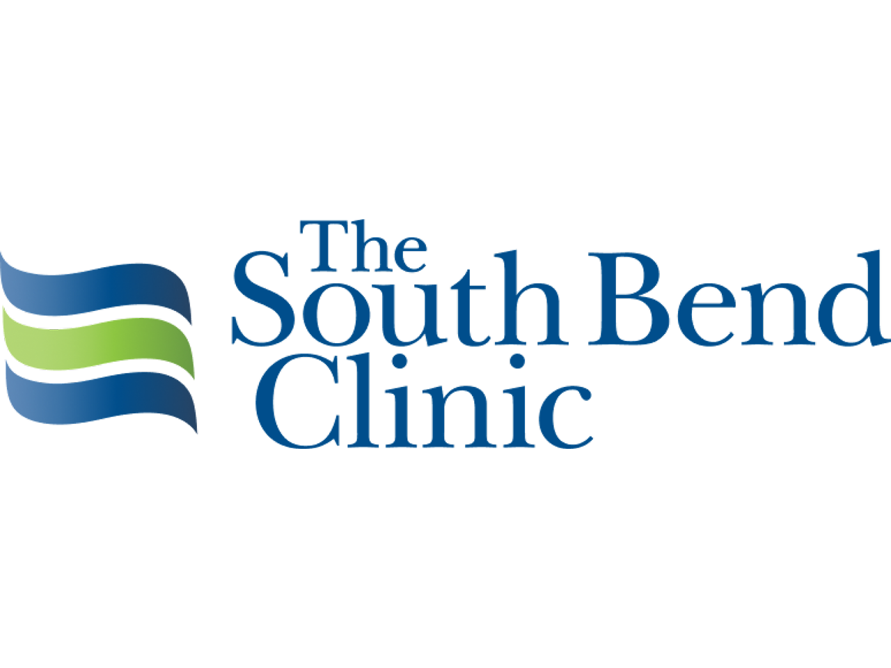 Logo of The South Bend Clinic featuring stylized wave design in blue, green, and gray with clinic name in blue text.