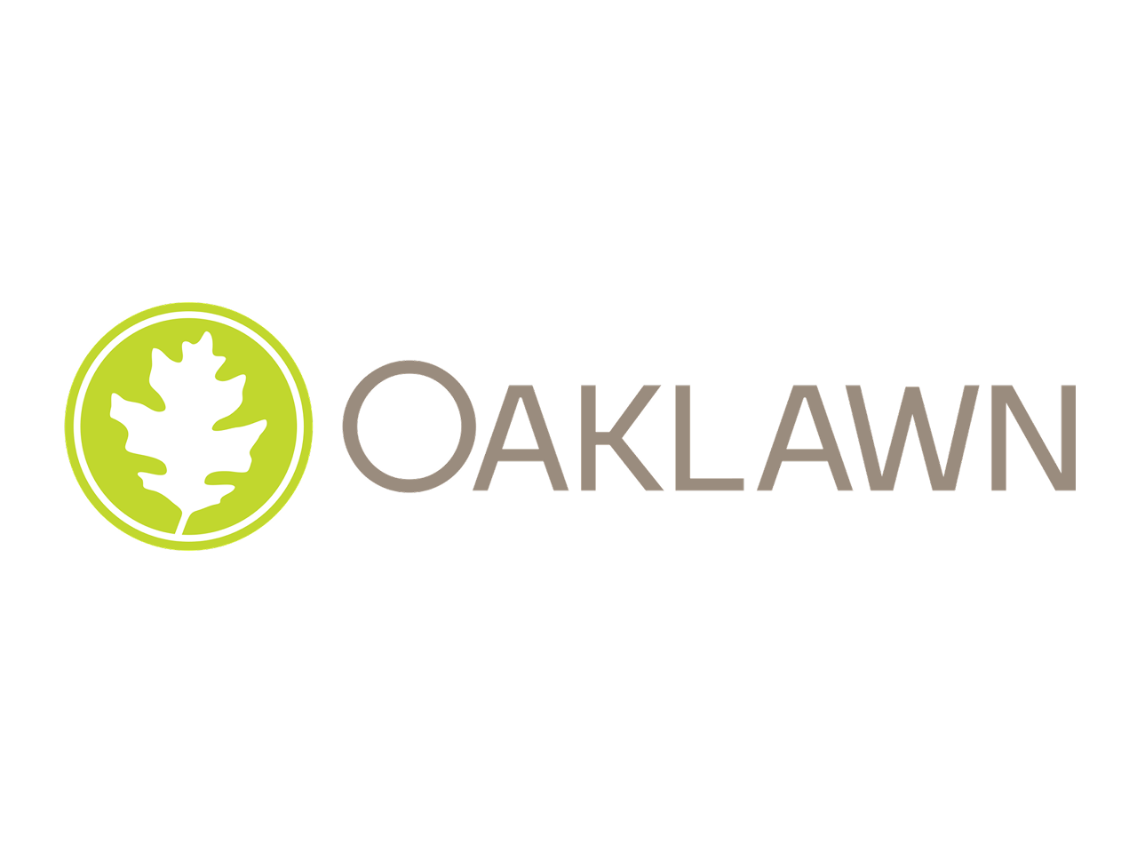 Oaklawn logo featuring a white oak leaf inside a light green circle and the word 'OAKLAWN' in gray next to it.
