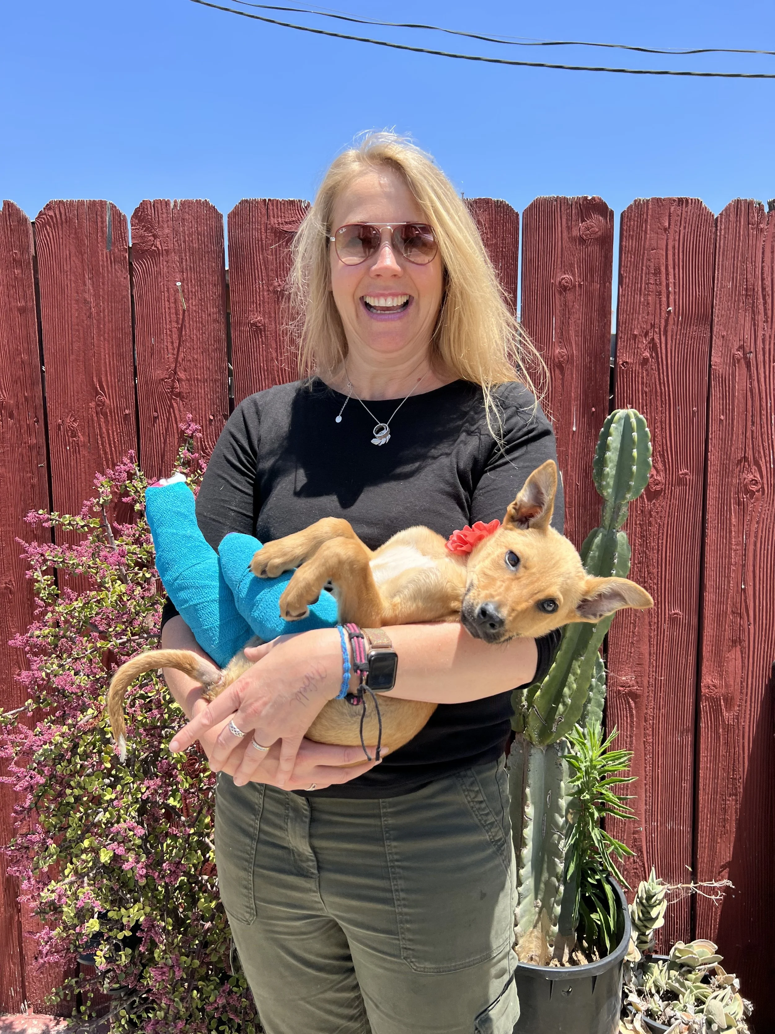 A woman with blonde hair wearing sunglasses and a black shirt, smiling while holding a tan puppy with blue eyes and a red flower around its neck, standing in front of a red wooden fence with pink flowers and a cactus plant.