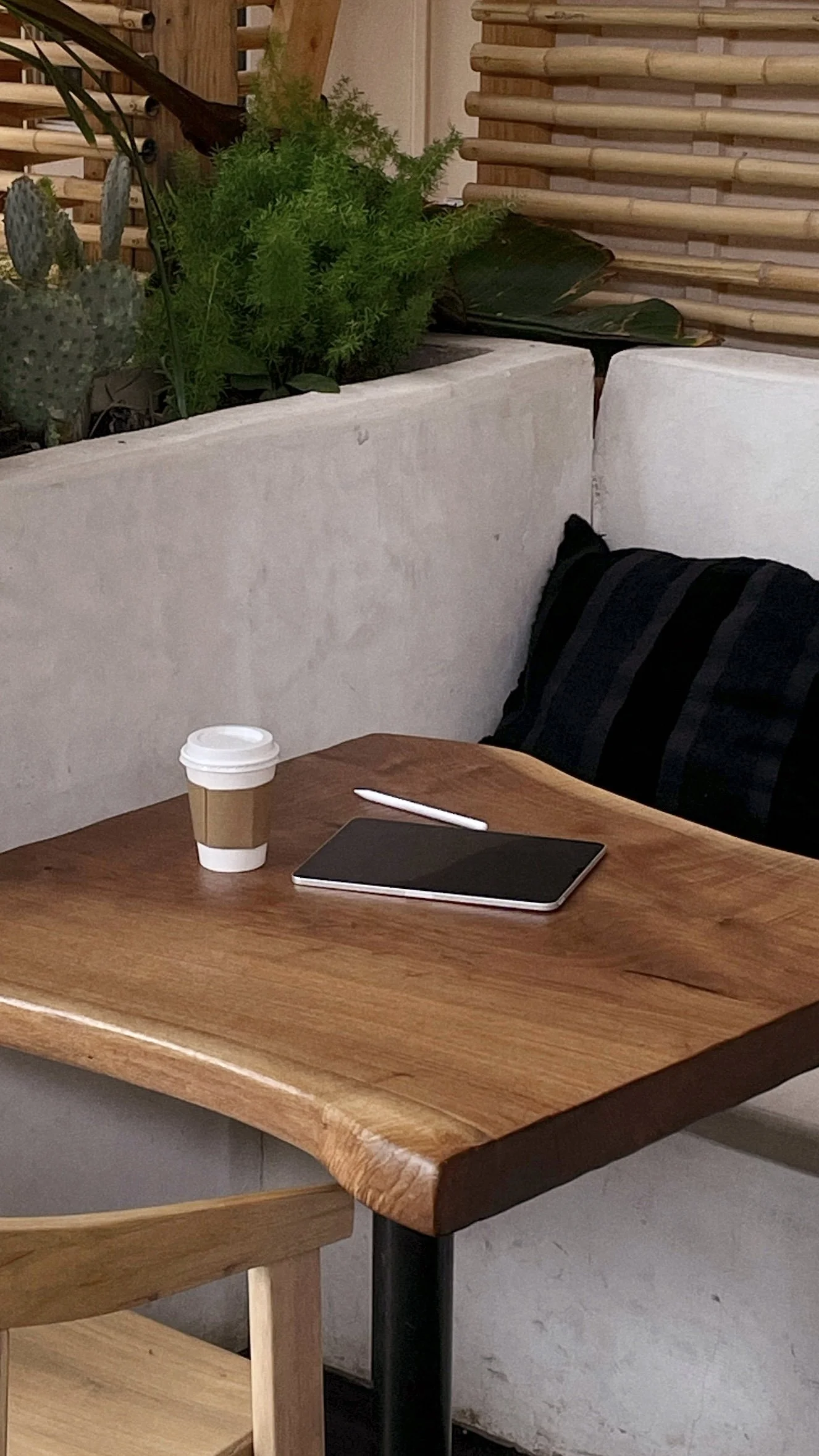 A wooden table with a disposable coffee cup, a closed notebook, and a stylus pen. A chair is partially visible, and a cushion leans against the wall behind the table. There are indoor plants and a bamboo decoration in the background.