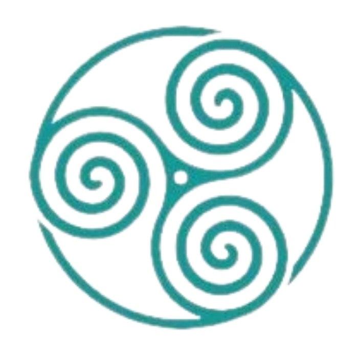 Stylized circular design with three interconnected spirals.