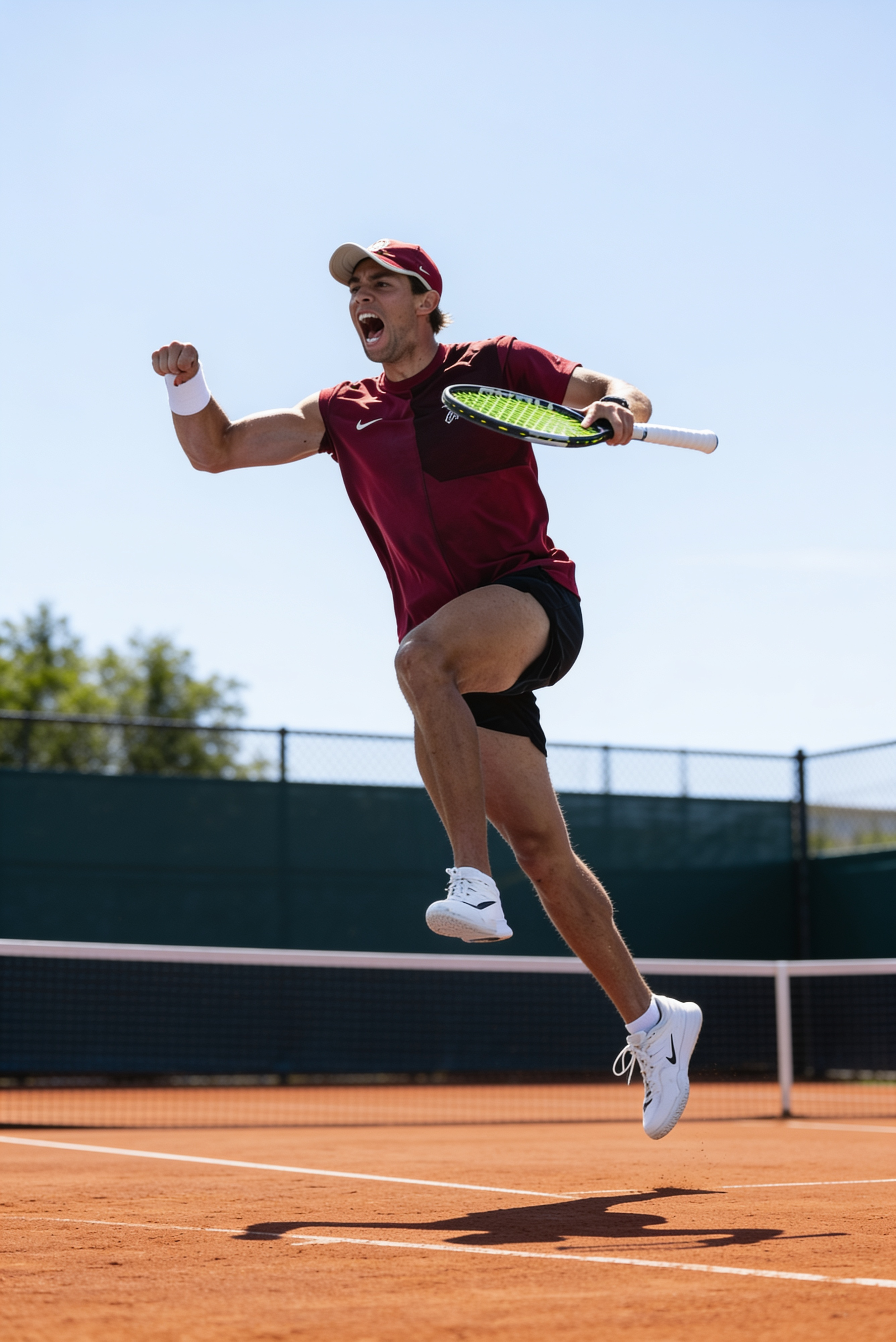 A male tennis player in a maroon shirt, black shorts, and white sneakers jumping in the air to hit a tennis ball with a yellow and black racquet on an outdoor tennis court, with a chain-link fence and trees in the background.
