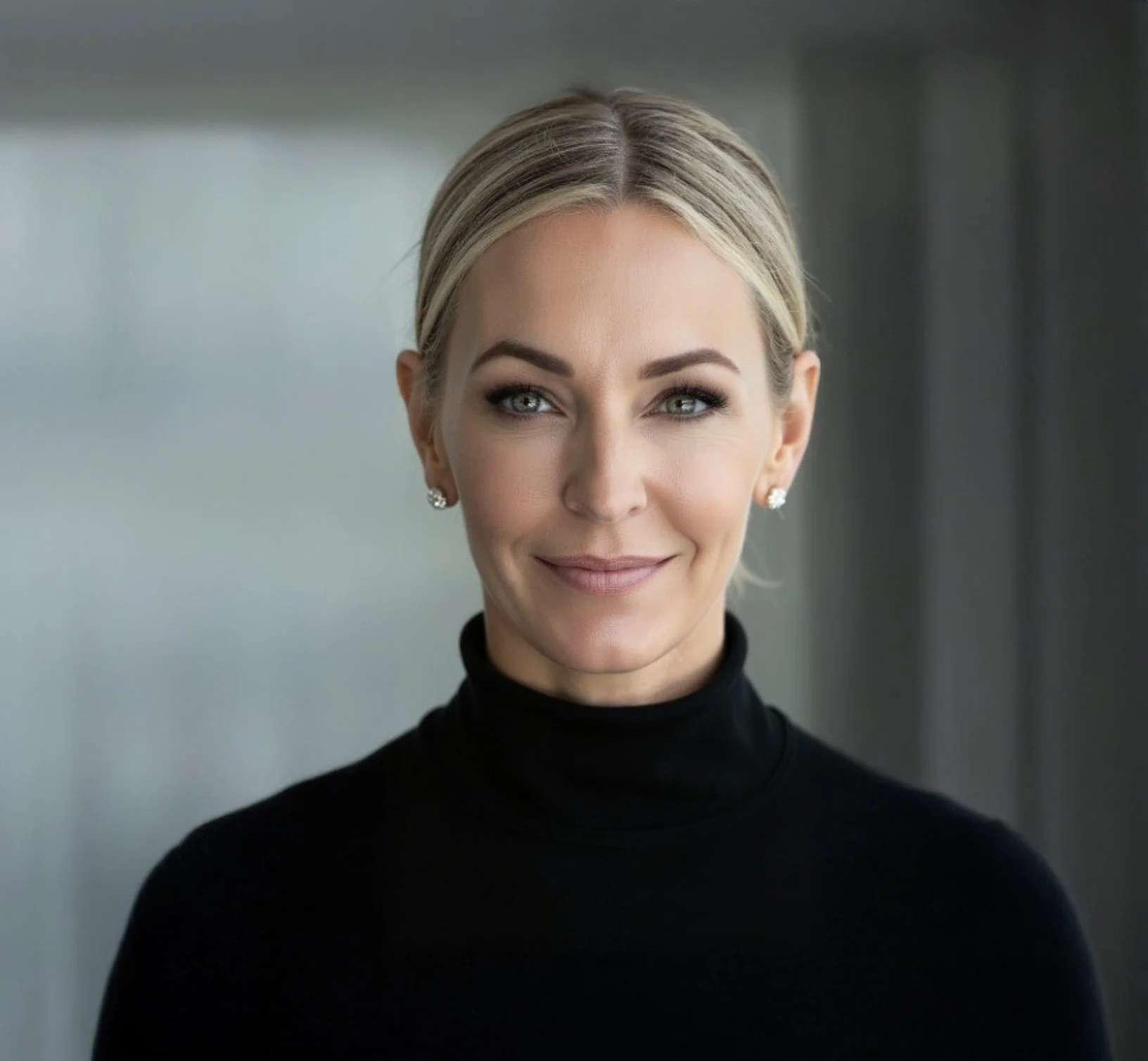 Portrait of a woman with blonde hair in a updo, wearing a black turtleneck and diamond earrings, smiling softly at the camera.