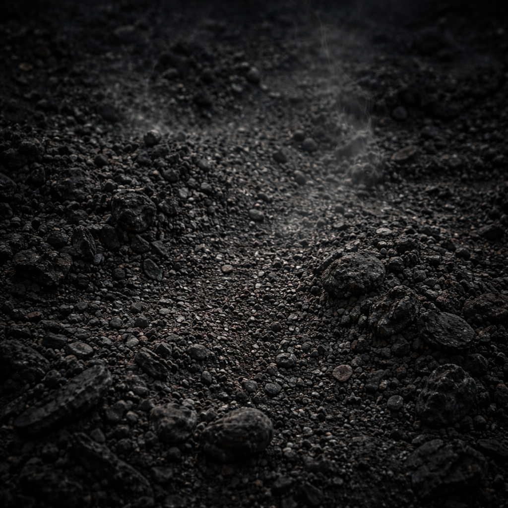 Close-up of hot, glowing rocks and ashes on the ground with wisps of smoke rising.