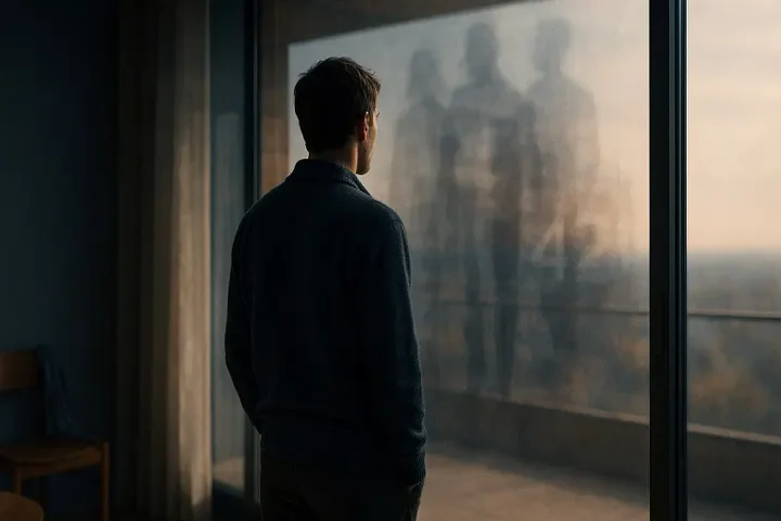 A man stands indoors looking out a large window at an outdoor scene during sunset, with a chair visible inside the room.