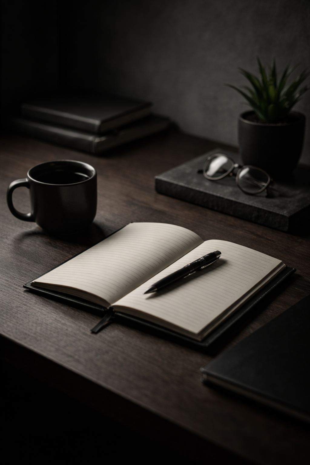 A dark wooden desk with an open notebook, a black pen, a black coffee mug, a pair of glasses, a potted plant, and a few closed books.