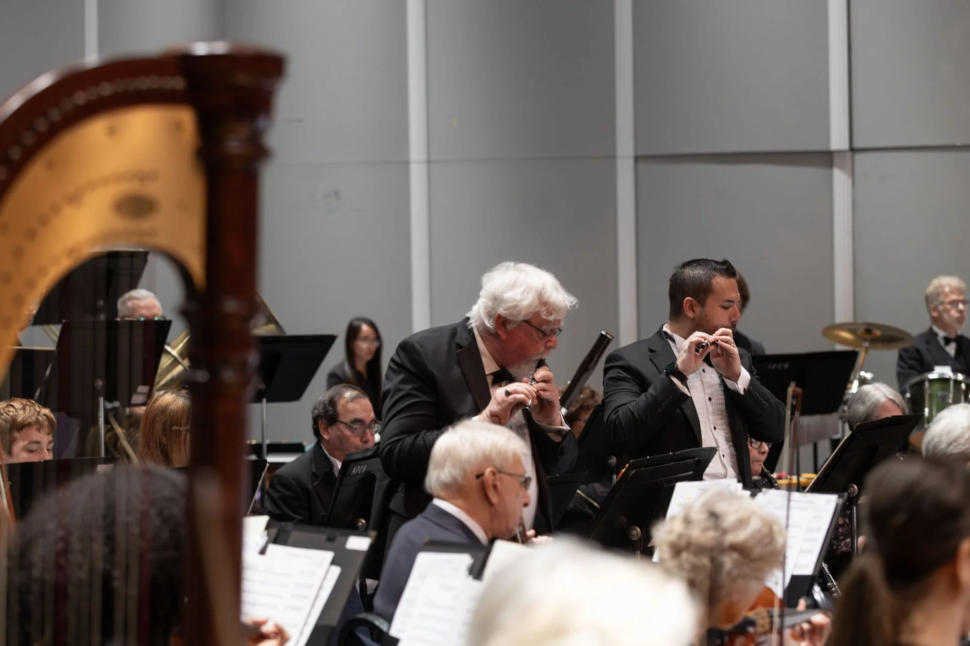 Orchestra members performing on stage, with two musicians playing flutes in the foreground and other musicians playing various instruments in the background.