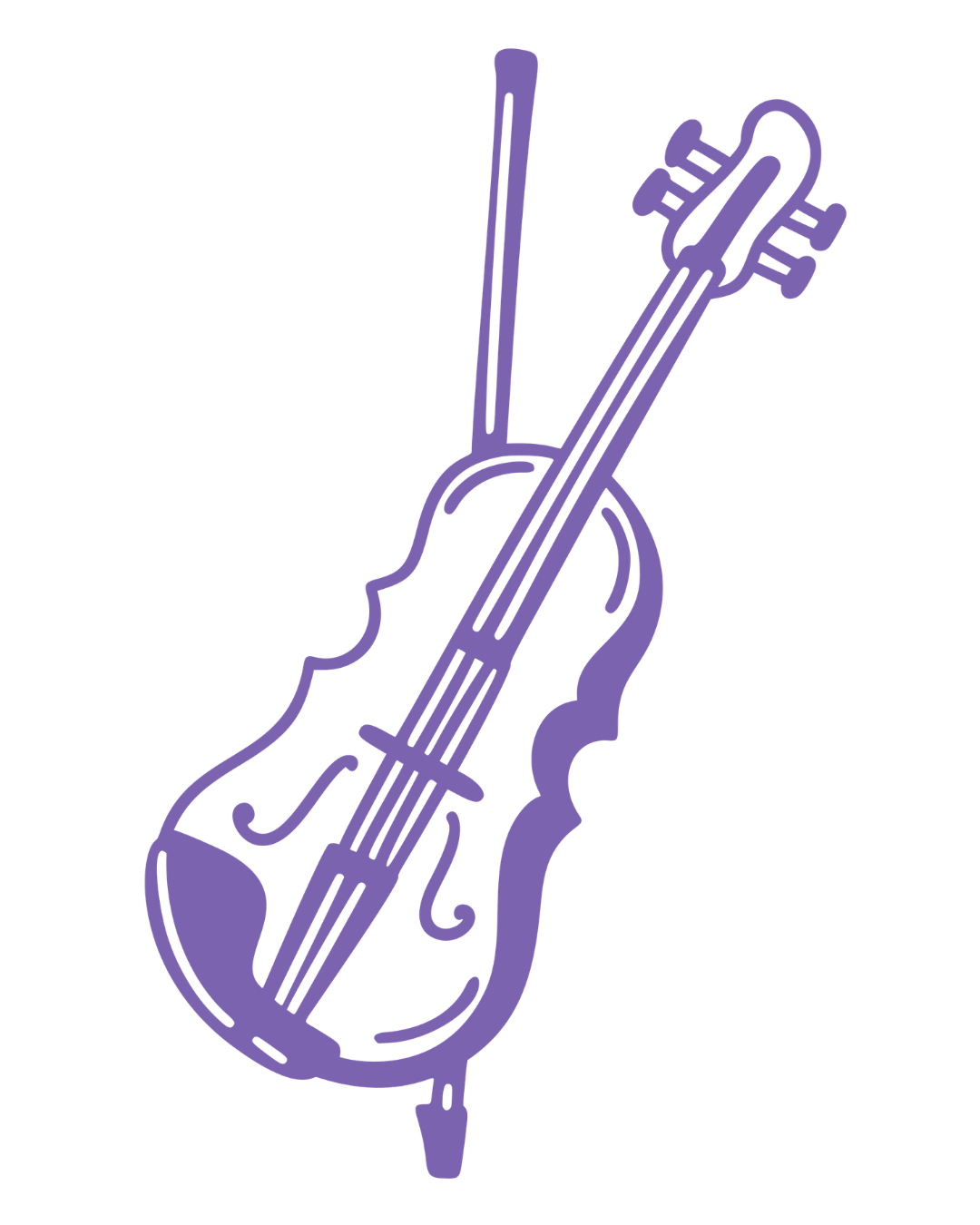 Minimalist illustration of a violin with a bow resting on it, outlined in purple.