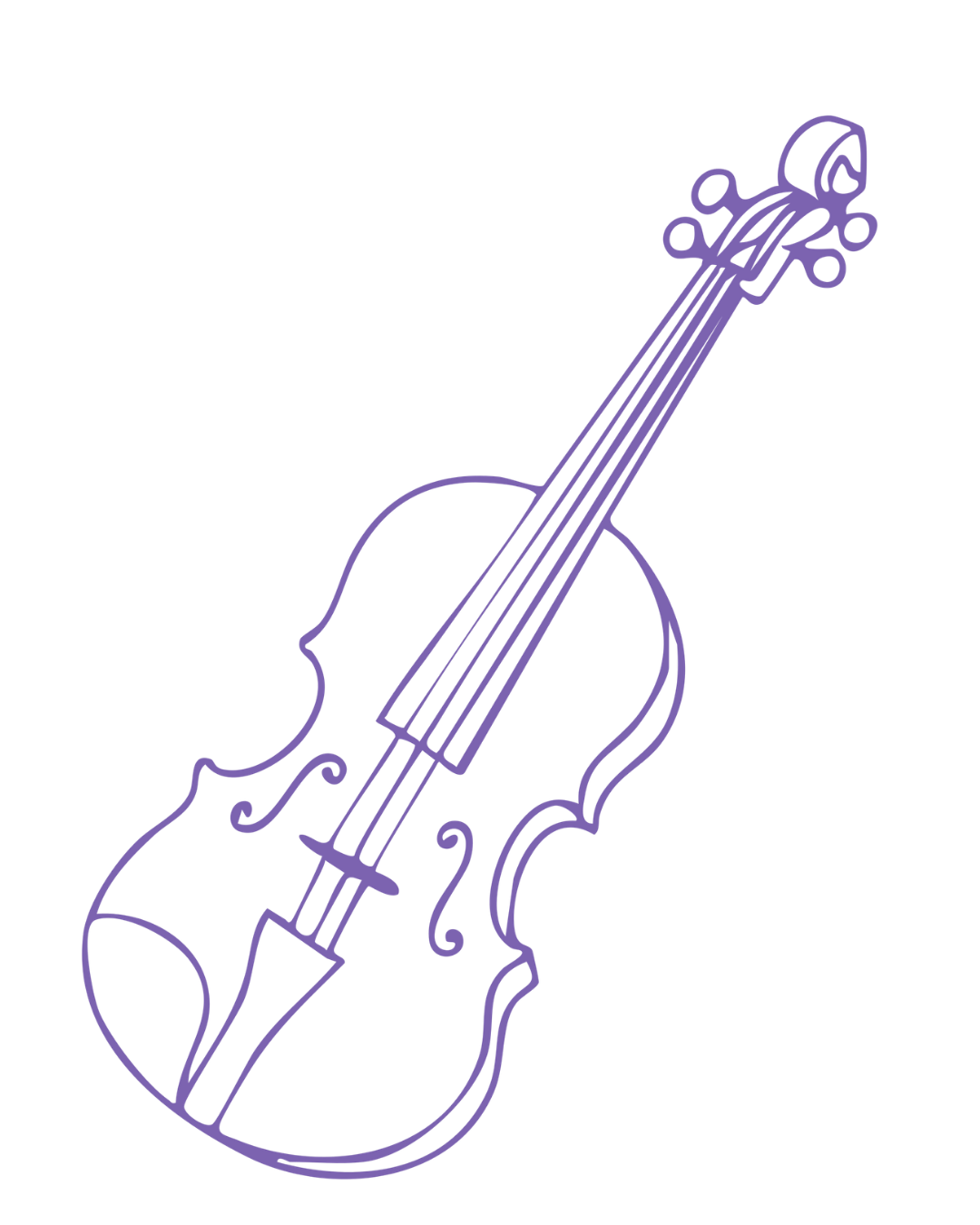 An outline drawing of a violin with four strings, a scroll, and a bow, all in purple on a black background.