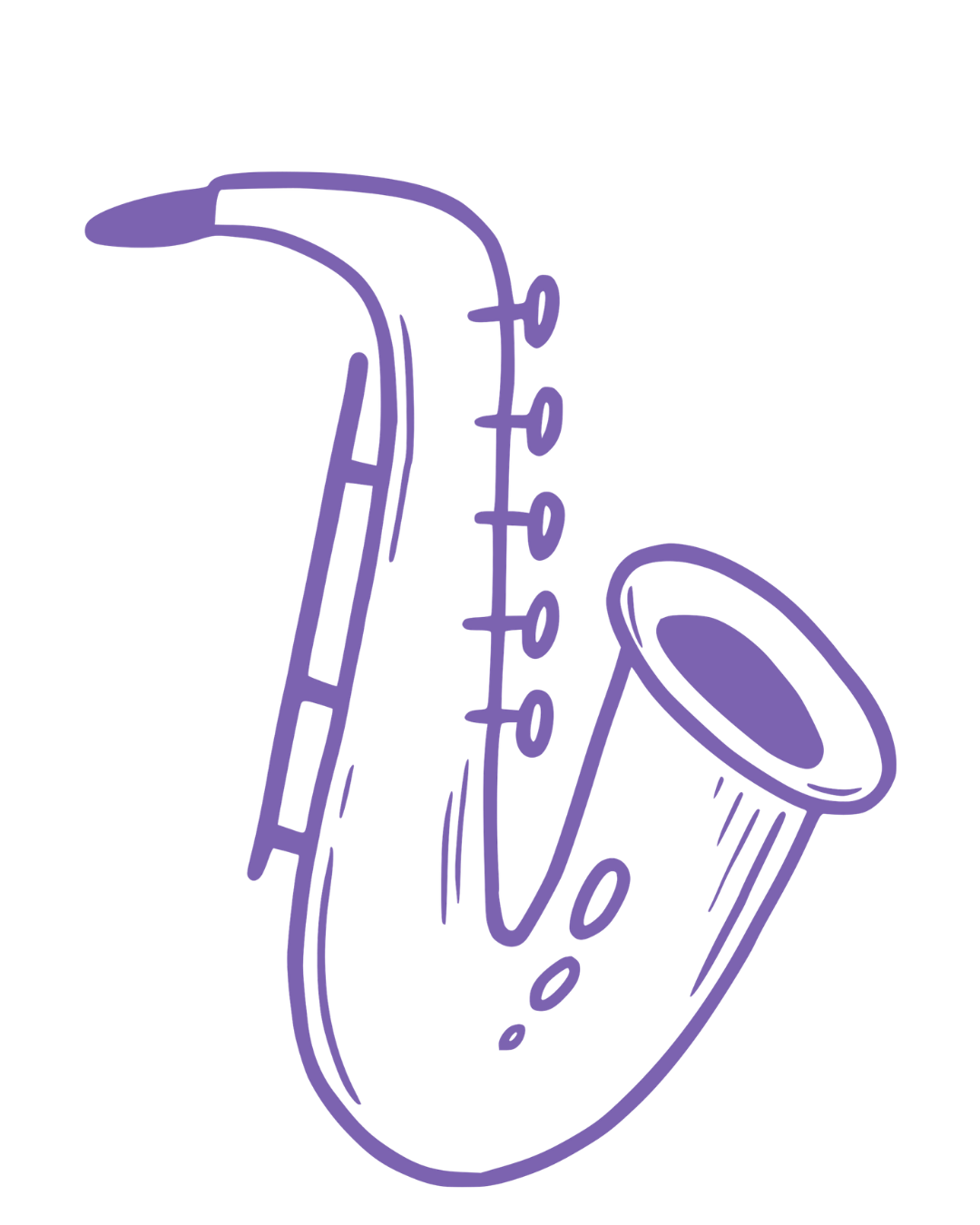 Line drawing of a saxophone in purple, showing the mouthpiece, body with keys, and bell.