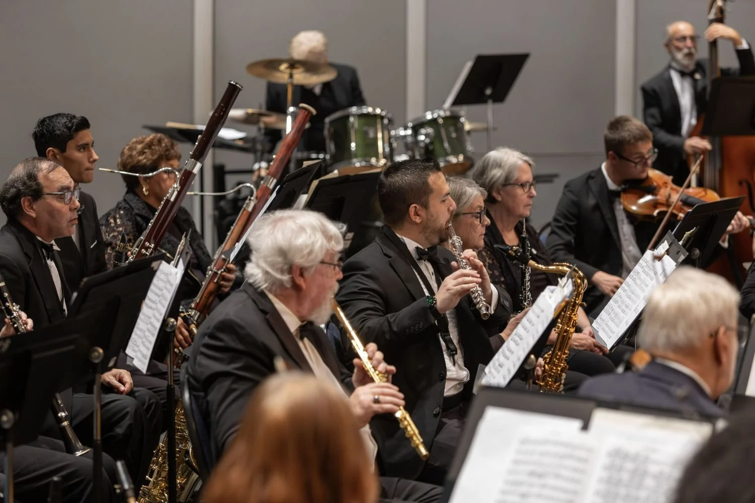 Orchestra performers in formal attire playing various instruments during a concert.