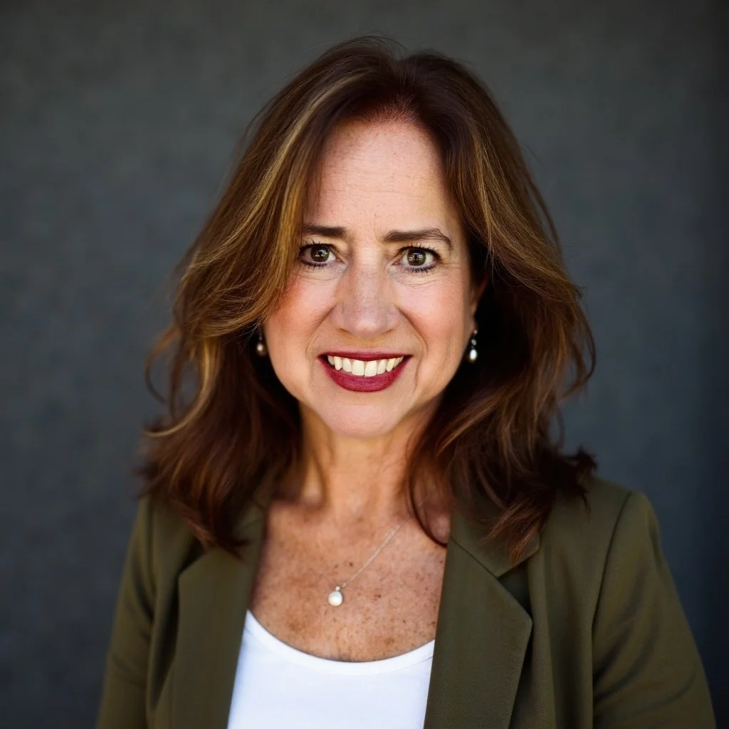 A woman with shoulder-length brown hair, wearing a white top with a green blazer, and pearl earrings and necklace, smiling in front of a dark gray background.