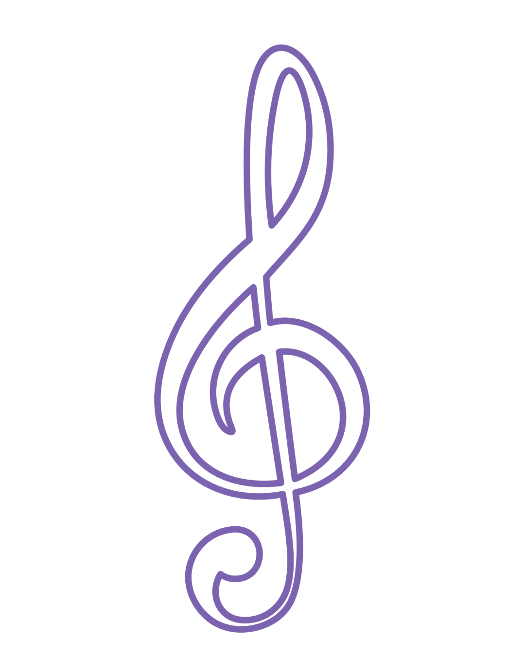 A neon light outline of a treble clef symbol in purple.