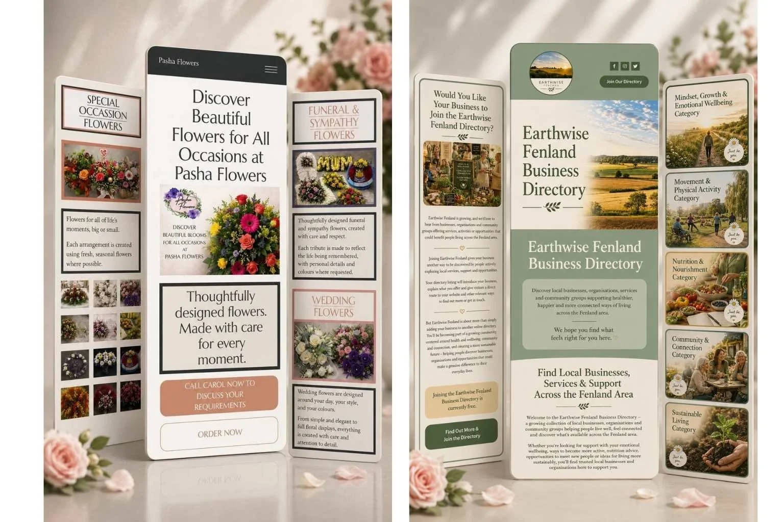 Examples of bespoke small business website designs for Pasha Flowers and the Earthwise Fenland Business Directory.