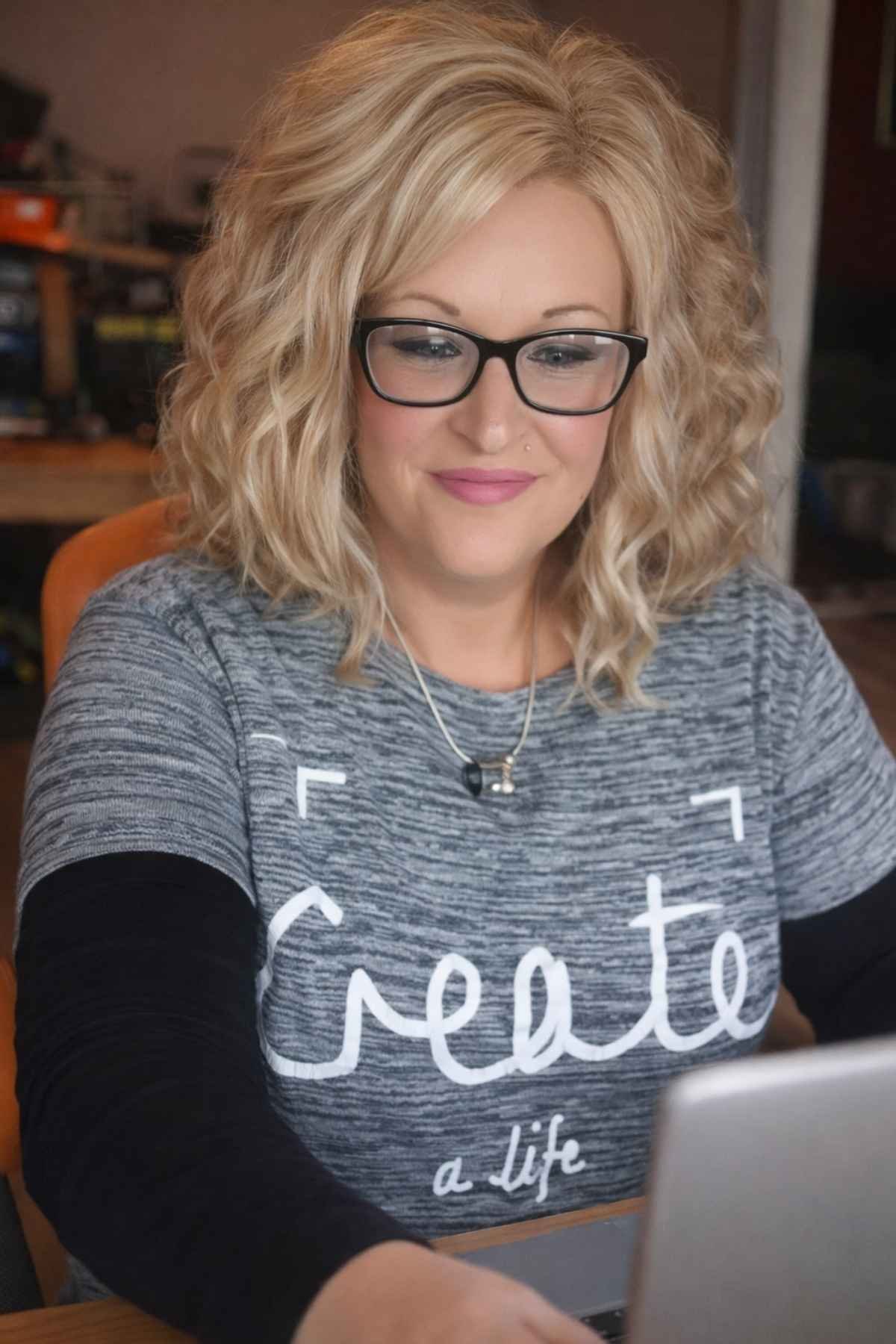 Sarah, UK Squarespace website designer and founder of Simple Website Development and Support Working at laptop