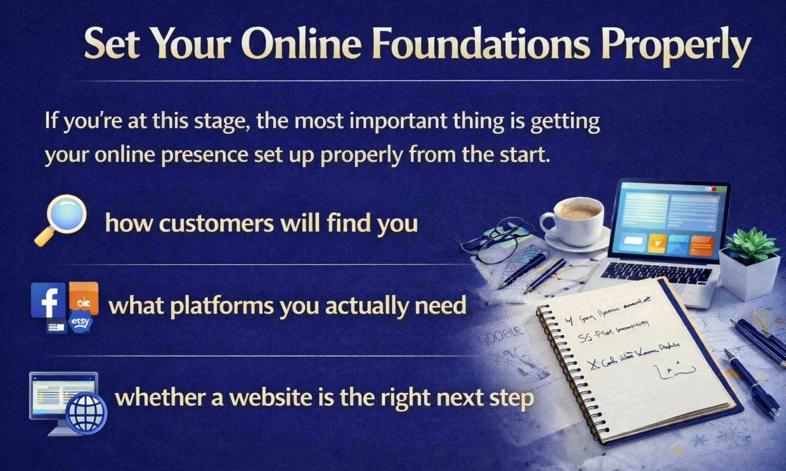 Graphic showing how to set up your online presence for a small business in the UK, including how customers find you, choosing the right platforms, and deciding if a website is the next step.
