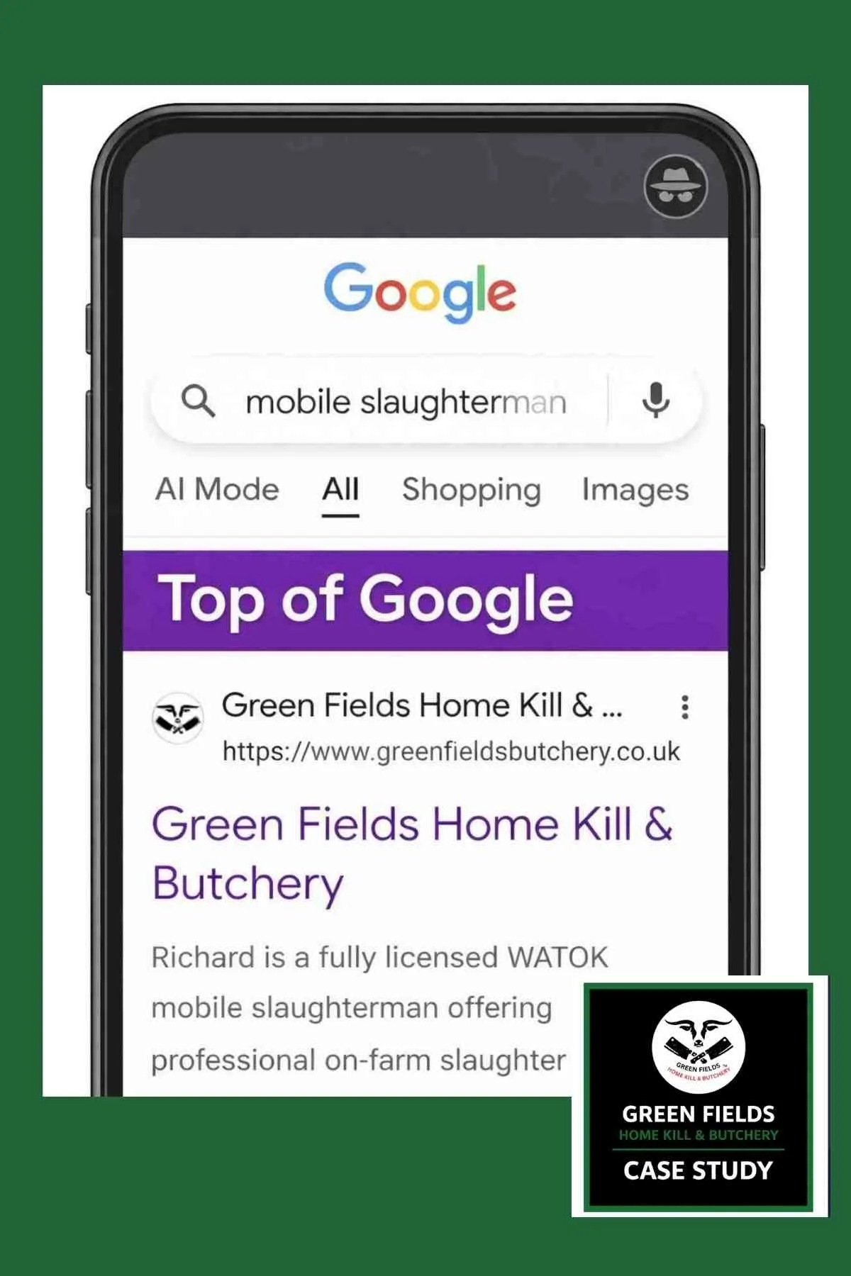 Image showing that the Green Fields Home Kill and Butchery Website Build has assisted the business in reaching the top of relevant keyword google searches for their business