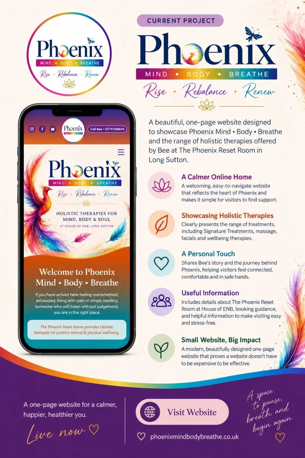 Phoenix Mind Body Breathe one-page holistic therapy website design showcasing the completed project